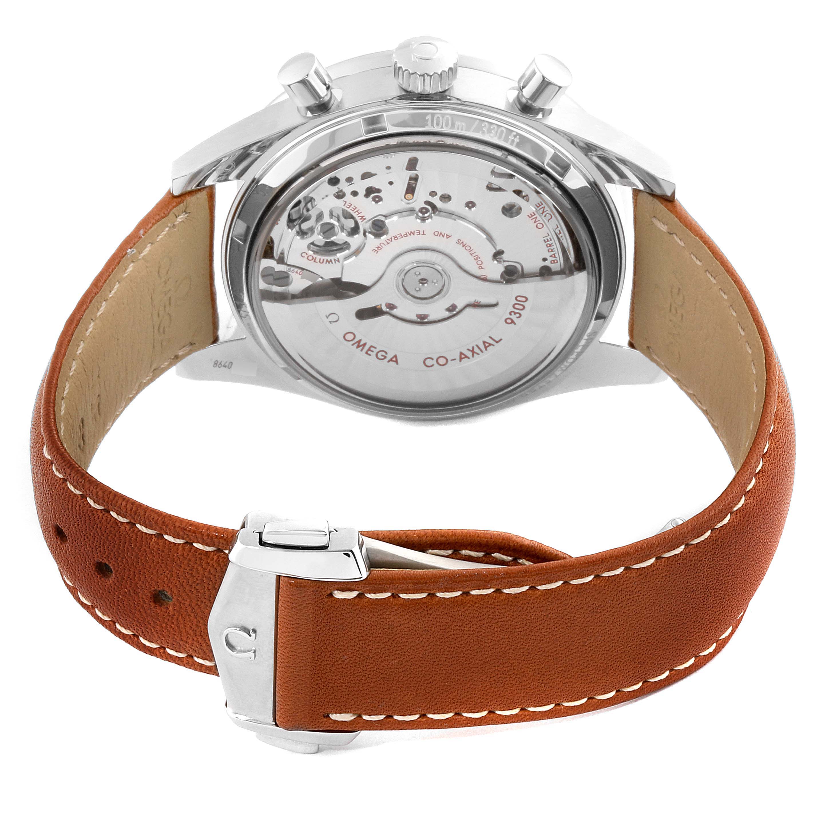 The image shows the rear view of the Omega Speedmaster 331.12.42.51.01.002 Men
s Stainless Steel Black Dial 331.12.42.51.01.002 Men
s Stainless Steel Black Dial watch, highlighting its transparent caseback and leather strap.