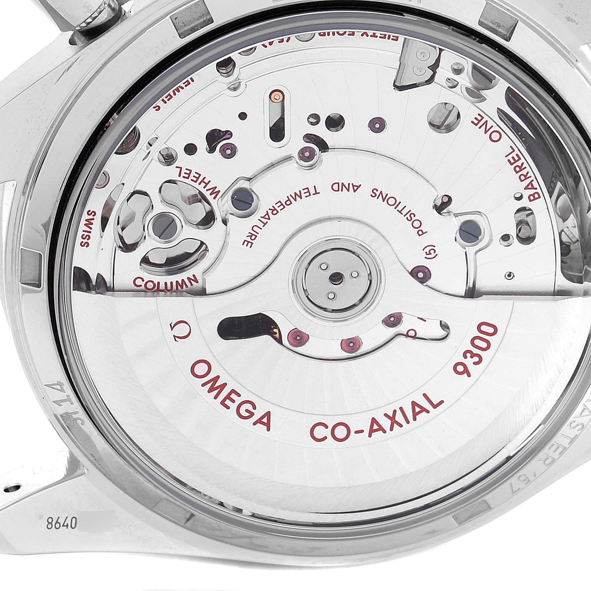 This image shows the back view of the Omega Speedmaster 331.12.42.51.01.002 Men
s Stainless Steel Black Dial 331.12.42.51.01.002 Men
s Stainless Steel Black Dial watch, highlighting its Co-Axial 9300 movement.