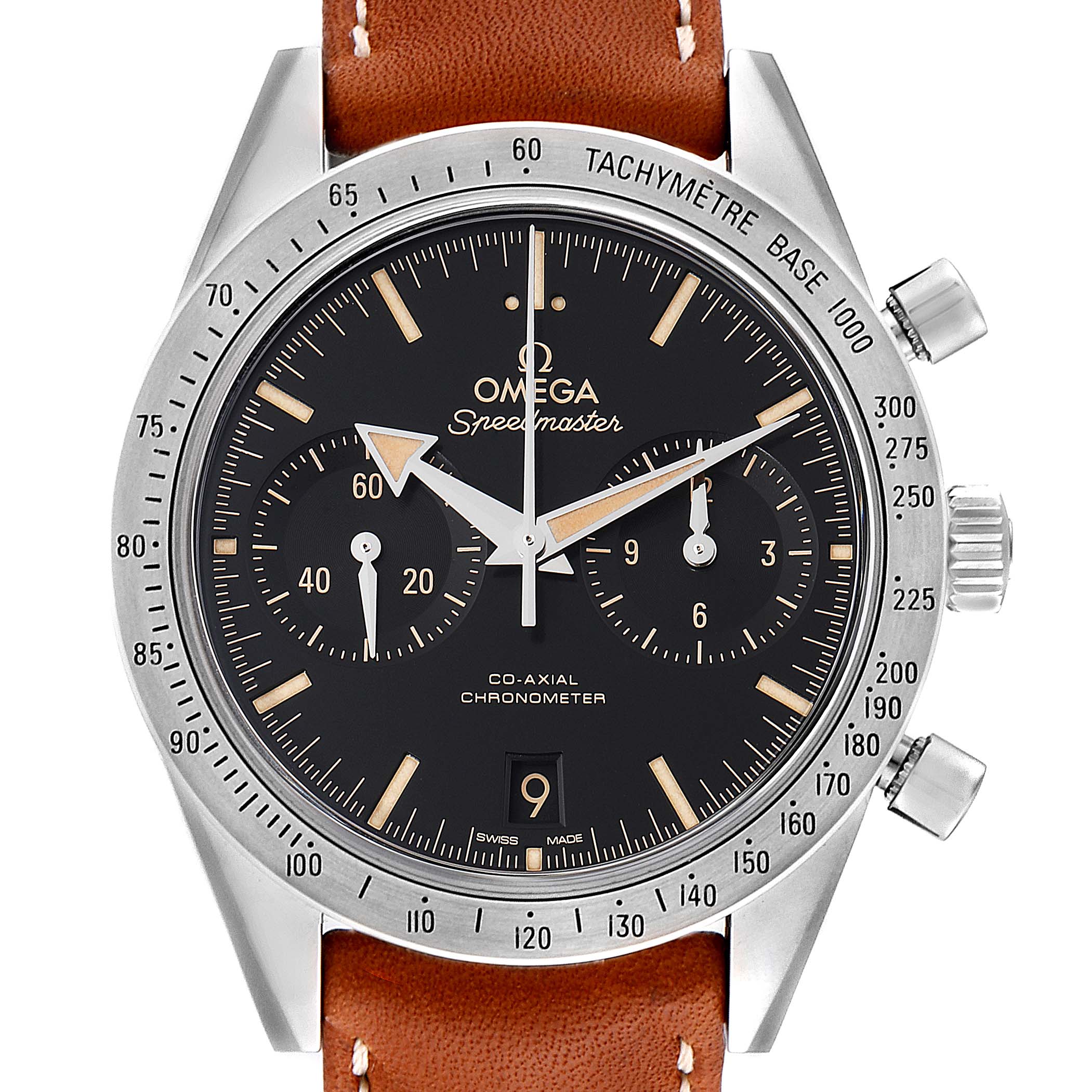 This image shows a frontal view of an Omega Speedmaster 331.12.42.51.01.002 Men
s Stainless Steel Black Dial 331.12.42.51.01.002 Men
s Stainless Steel Black Dial watch, displaying the dial, bezel, chronograph subdials, tachymeter, and crown.