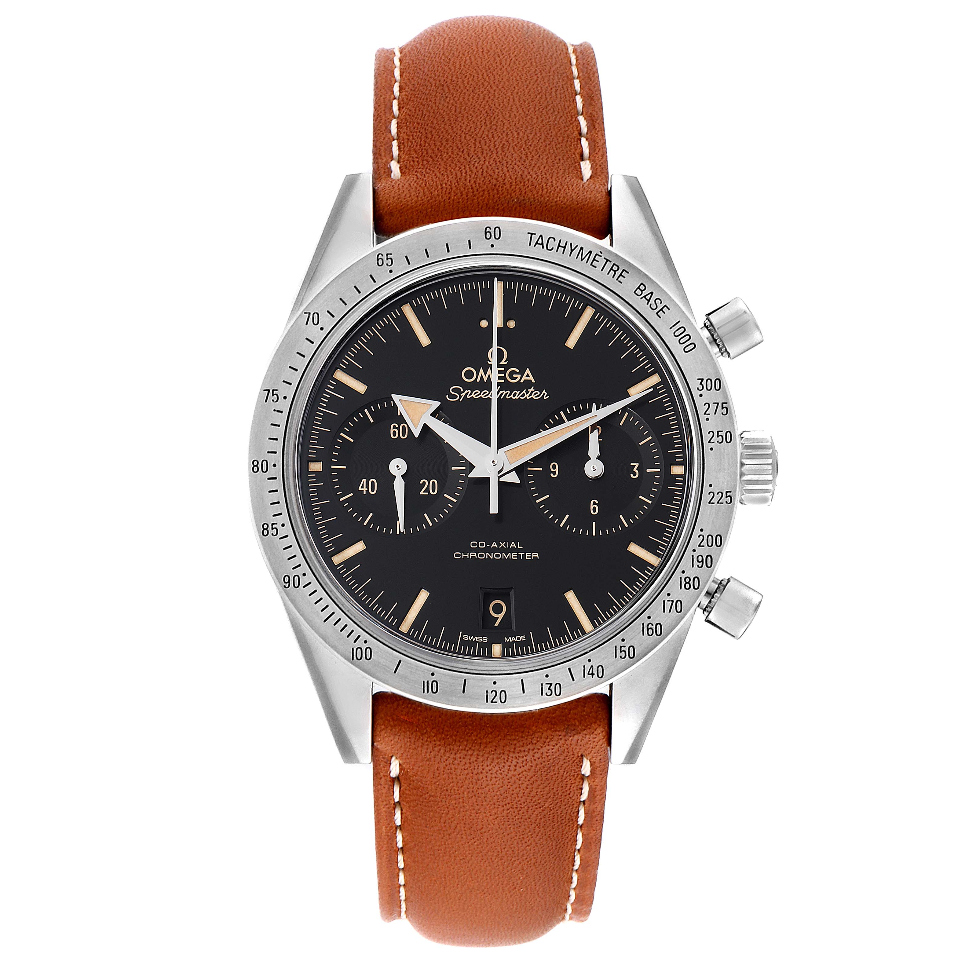 The image shows a front view of an Omega Speedmaster 331.12.42.51.01.002 Men
s Stainless Steel Black Dial 331.12.42.51.01.002 Men
s Stainless Steel Black Dial watch with a brown leather strap and a black dial with three sub-dials.