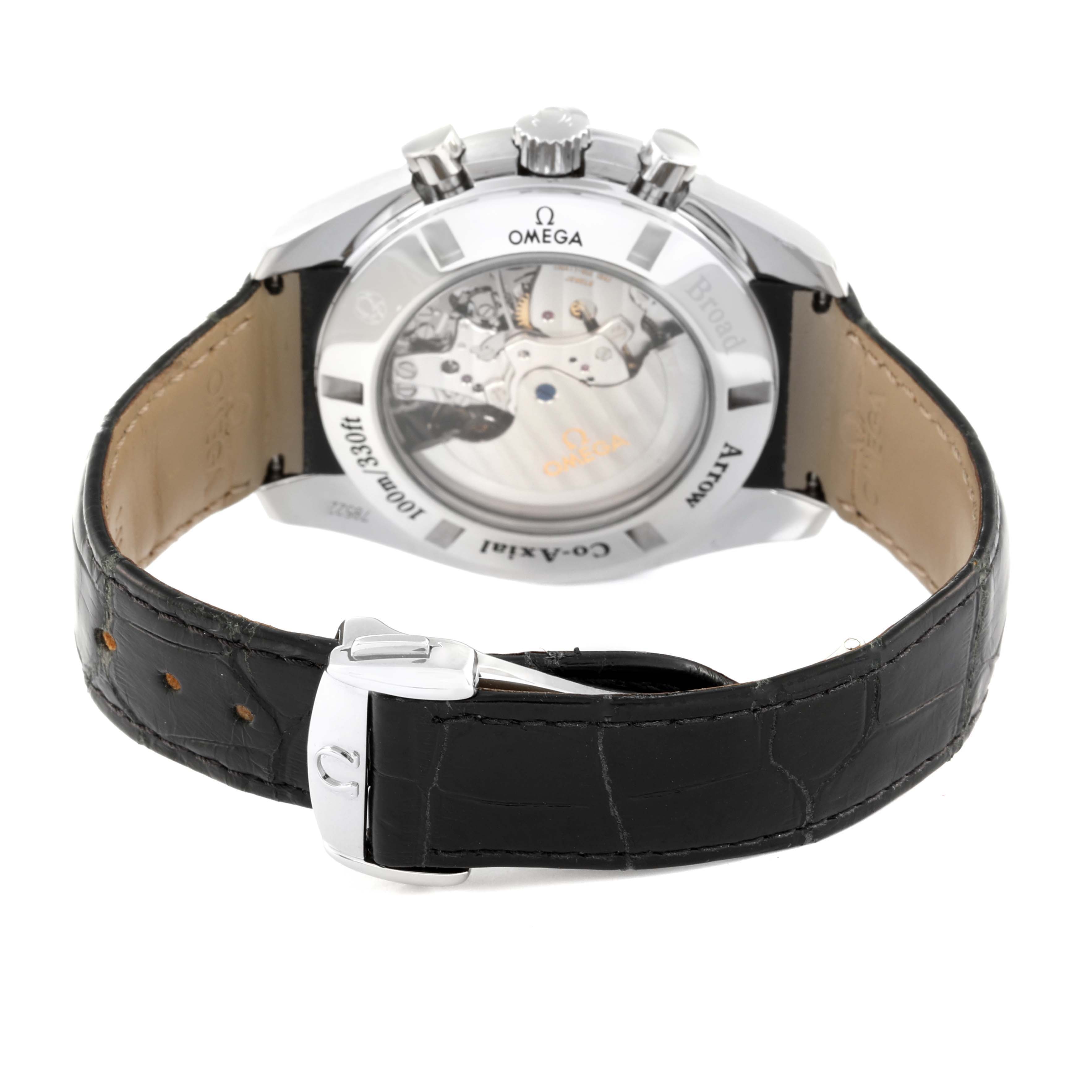 This image shows the back case and leather strap of an Omega Speedmaster 321.13.44.50.02.001 Men's Stainless Steel Silver Dial 321.13.44.50.02.001 Men's Stainless Steel Silver Dial watch, highlighting its transparent case back and movement.