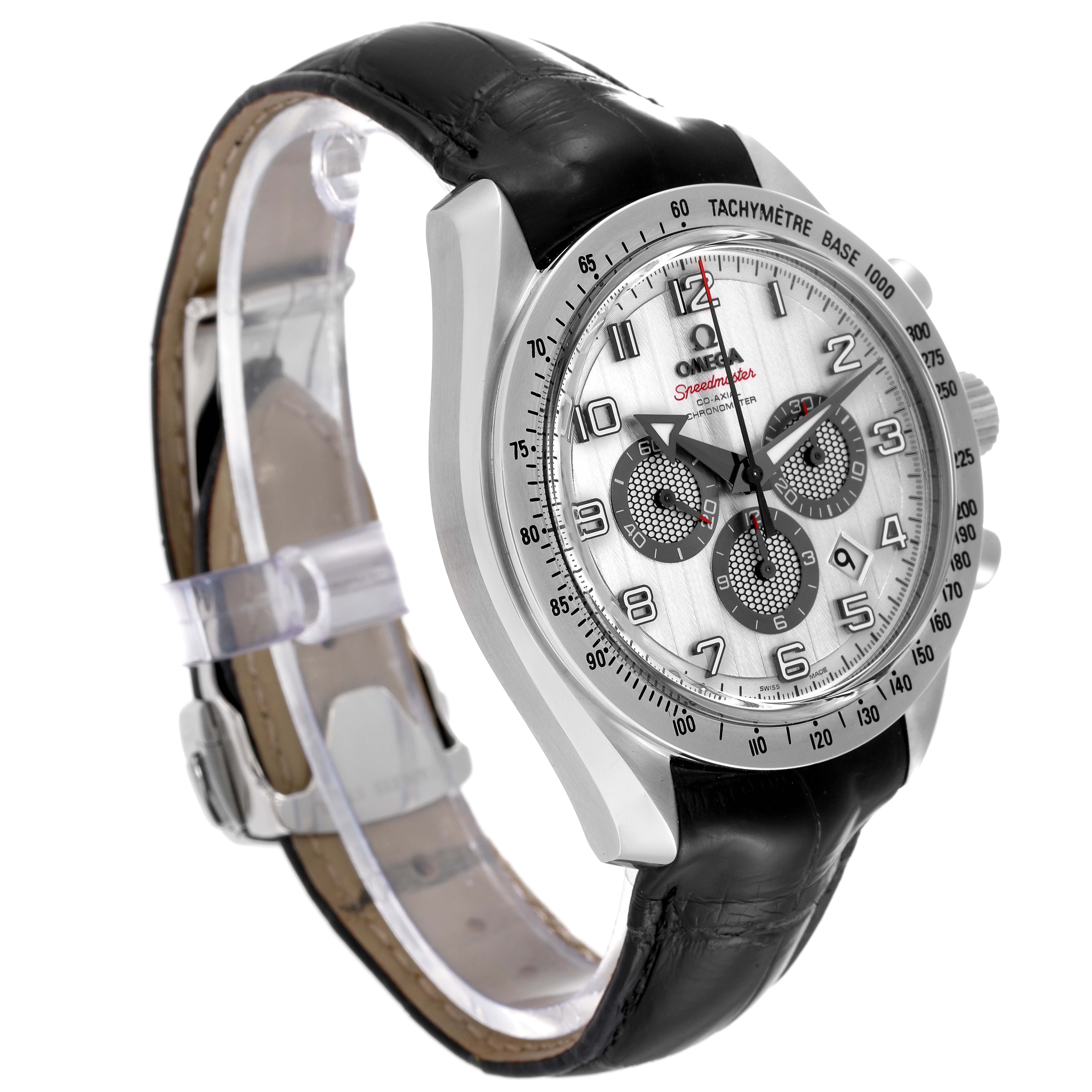 The image shows a side view of the Omega Speedmaster 321.13.44.50.02.001 Men's Stainless Steel Silver Dial 321.13.44.50.02.001 Men's Stainless Steel Silver Dial watch, highlighting its face, bezel, subdials, and black leather strap.