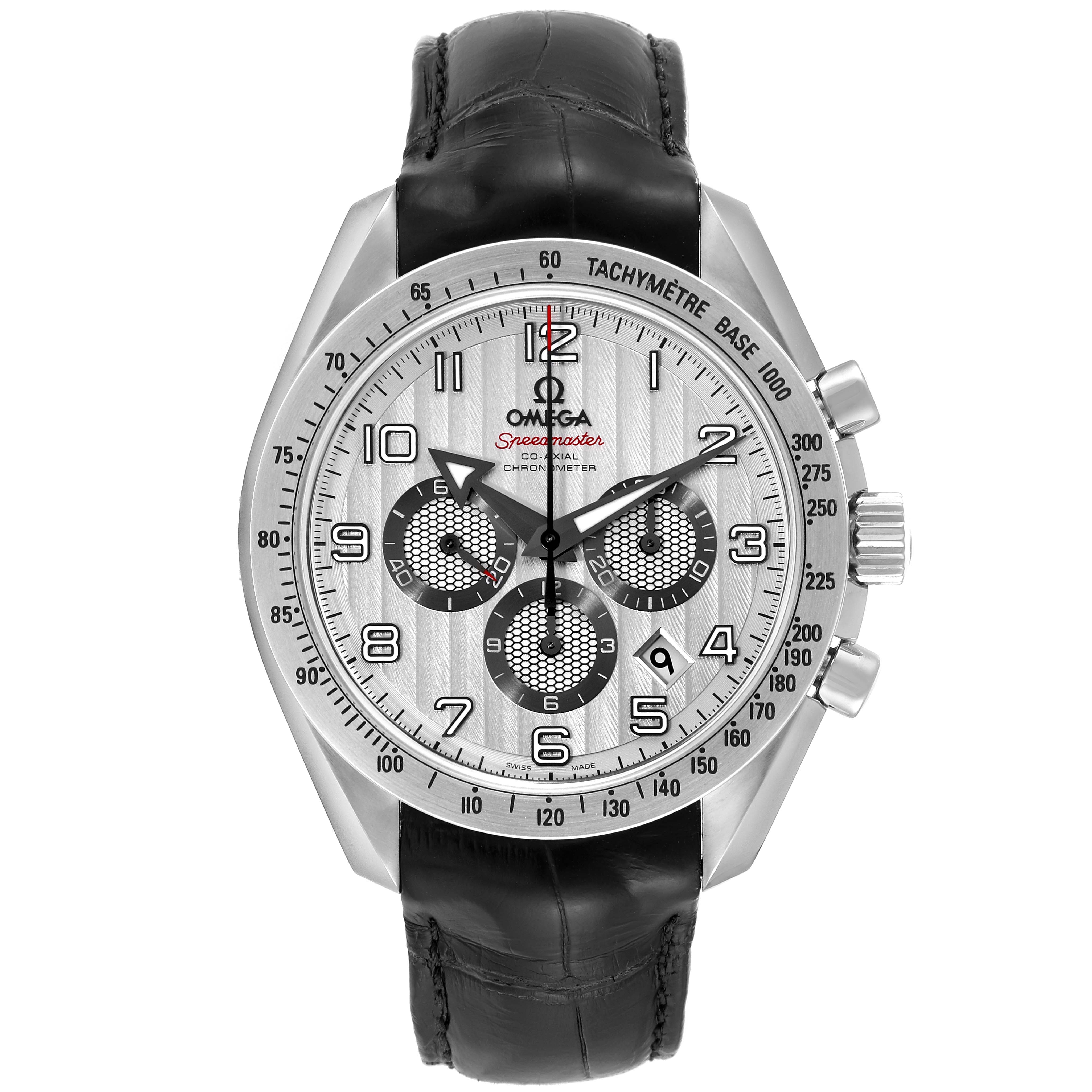 The image shows a frontal view of the Omega Speedmaster 321.13.44.50.02.001 Men's Stainless Steel Silver Dial 321.13.44.50.02.001 Men's Stainless Steel Silver Dial watch with a black leather strap and a detailed tachymeter bezel.