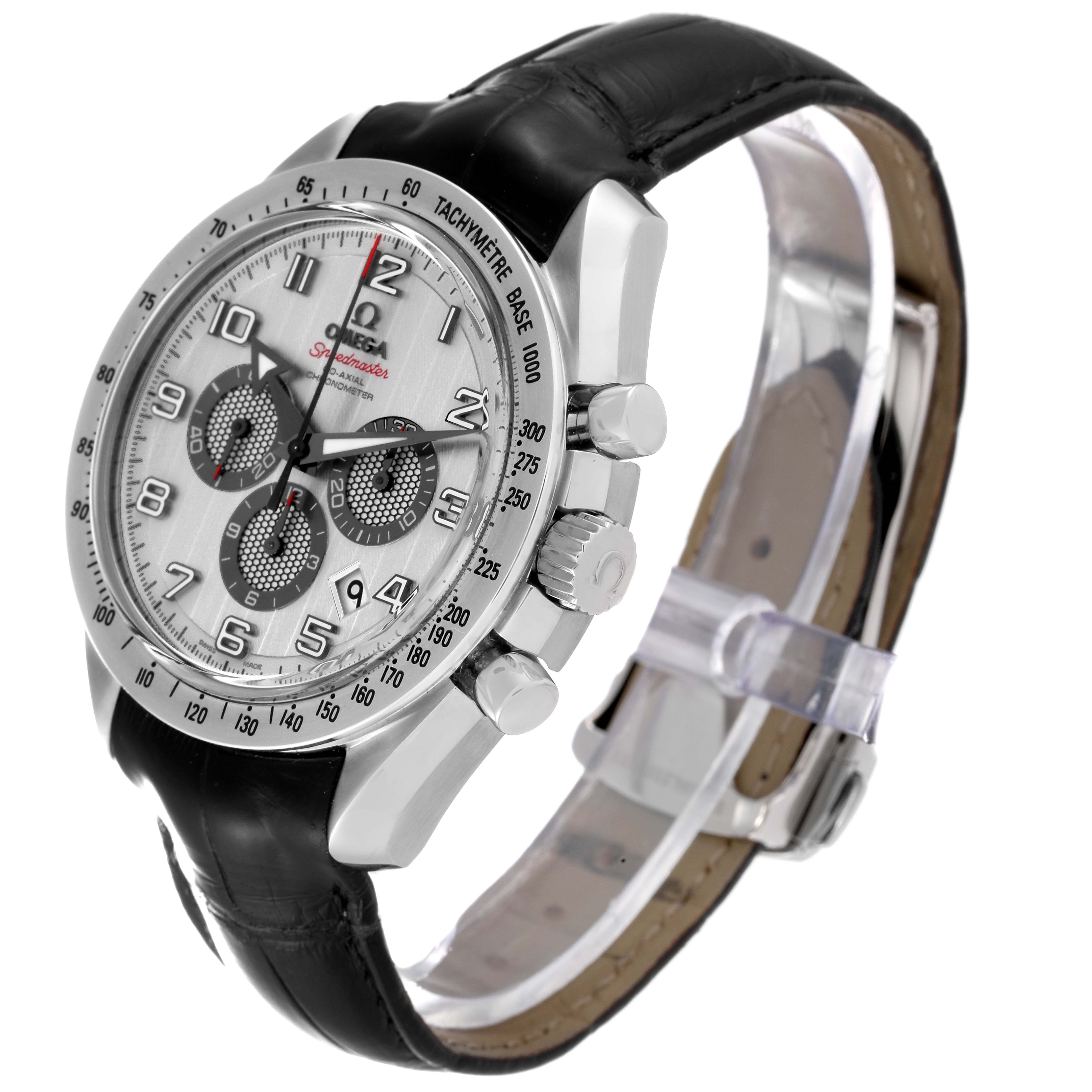 The image shows an Omega Speedmaster 321.13.44.50.02.001 Men's Stainless Steel Silver Dial 321.13.44.50.02.001 Men's Stainless Steel Silver Dial watch angled to display the face, crown, pushers, and leather strap.