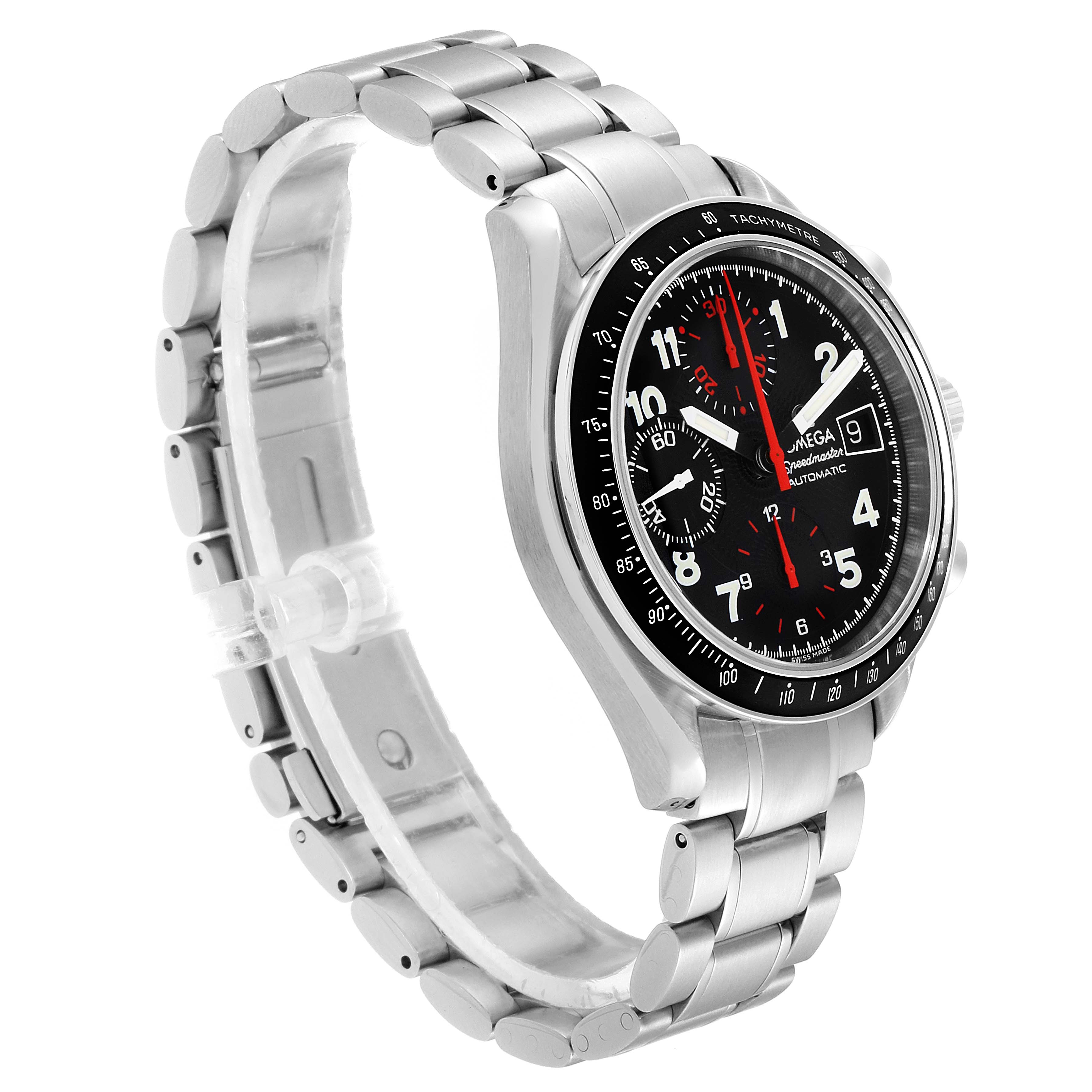 The image shows an Omega Speedmaster 3513.53.00 Men's Stainless Steel Black Dial 3513.53.00 Men's Stainless Steel Black Dial watch from a side angle, highlighting its bracelet, case, and face.