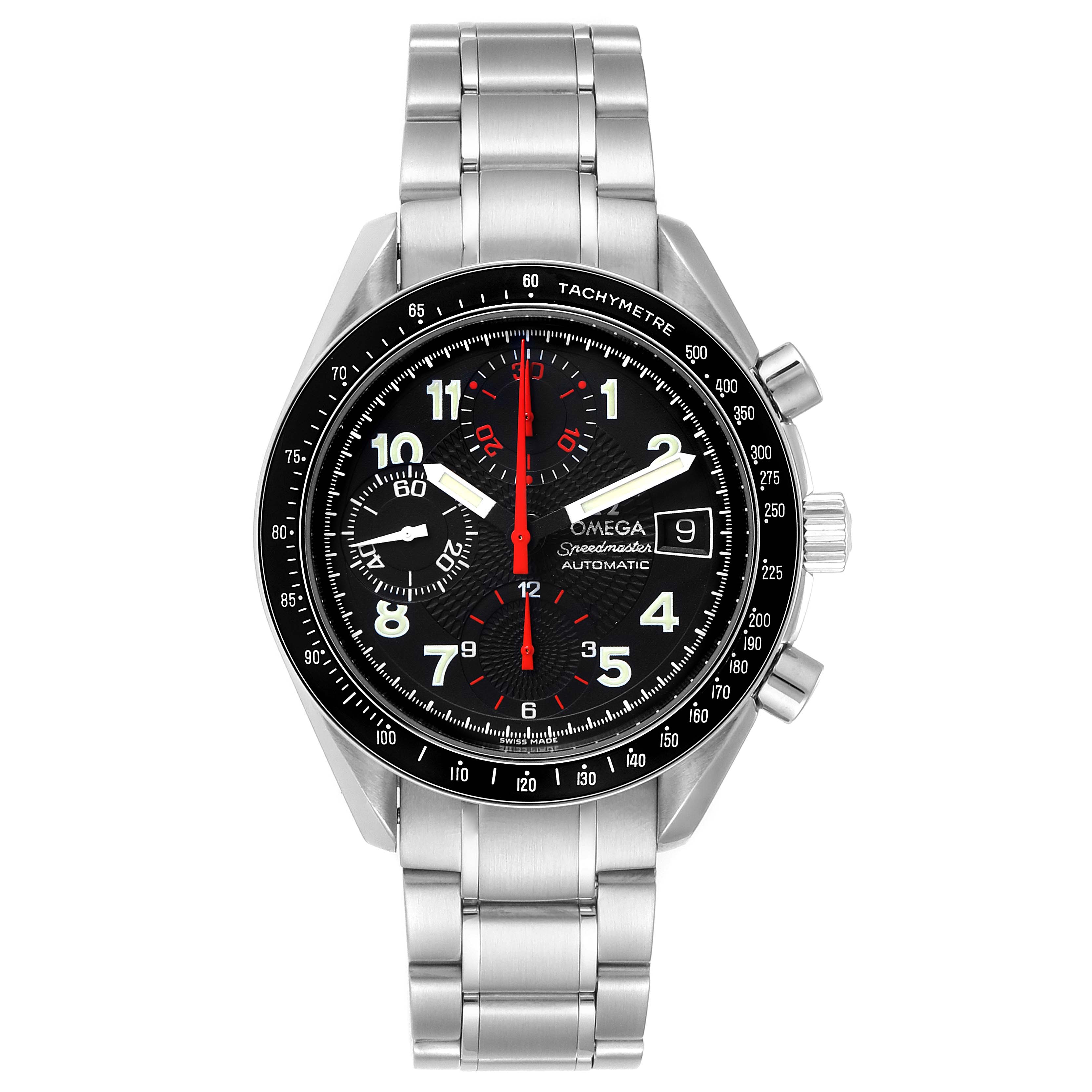 The Omega Speedmaster 3513.53.00 Men's Stainless Steel Black Dial 3513.53.00 Men's Stainless Steel Black Dial watch is shown from a top-down angle, displaying its face, bezel, and metal bracelet.