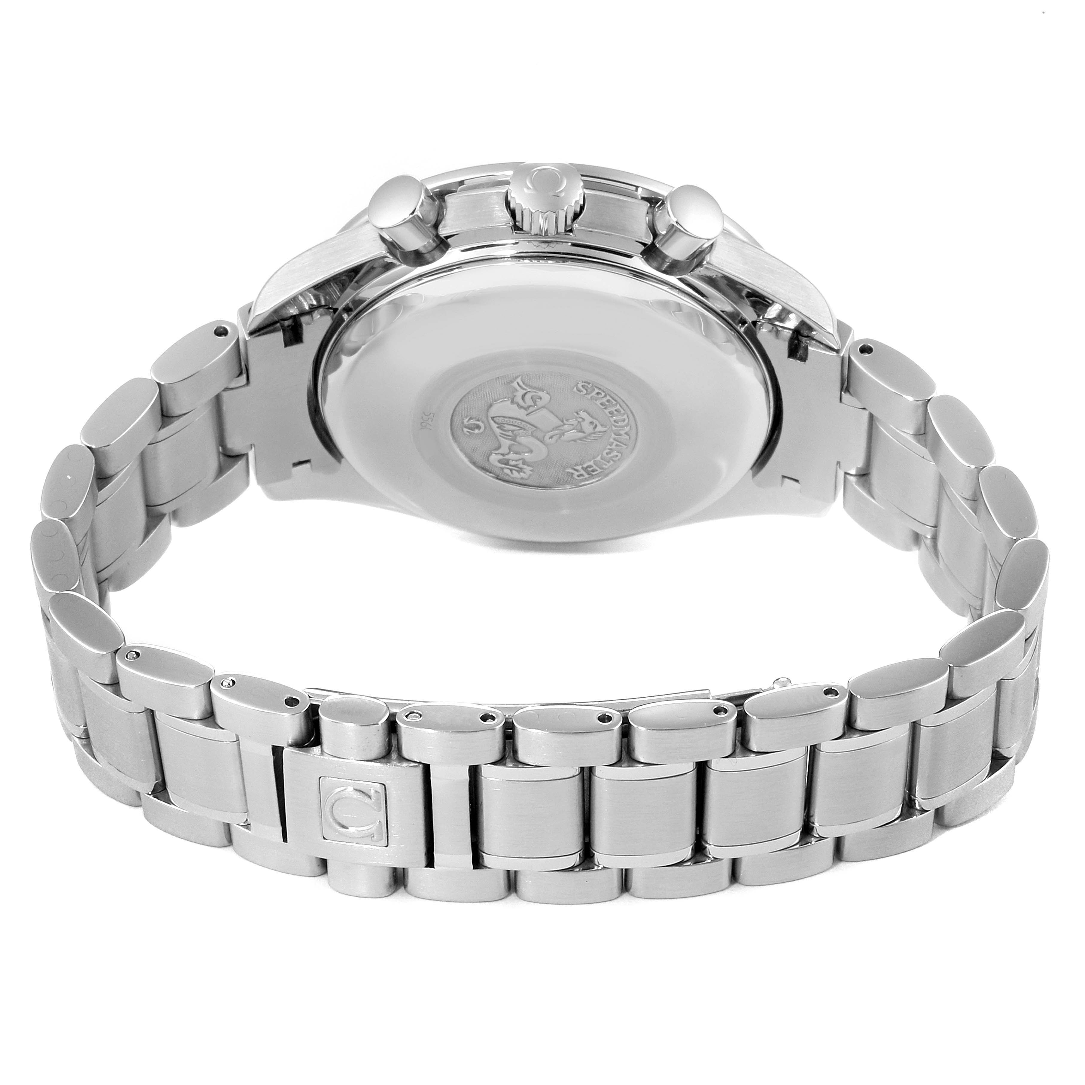 This image shows the back and bracelet of an Omega Speedmaster 3513.53.00 Men's Stainless Steel Black Dial 3513.53.00 Men's Stainless Steel Black Dial watch from a slightly elevated rear angle.