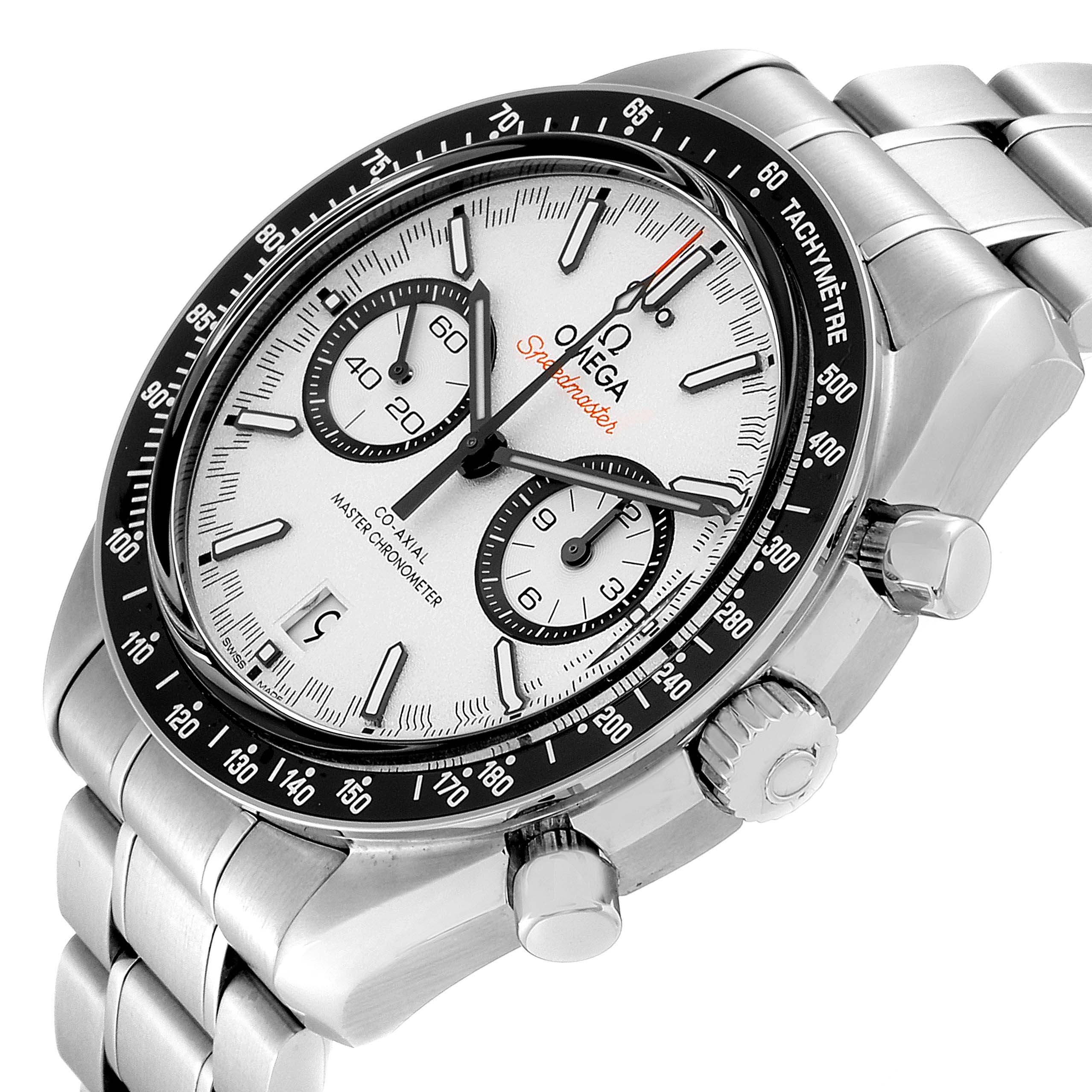 This image shows an angled view of an Omega Speedmaster 40257 Men
s Stainless Steel White Dial 40257 Men
s Stainless Steel White Dial watch, highlighting its dial, bezel, crown, and pushers.