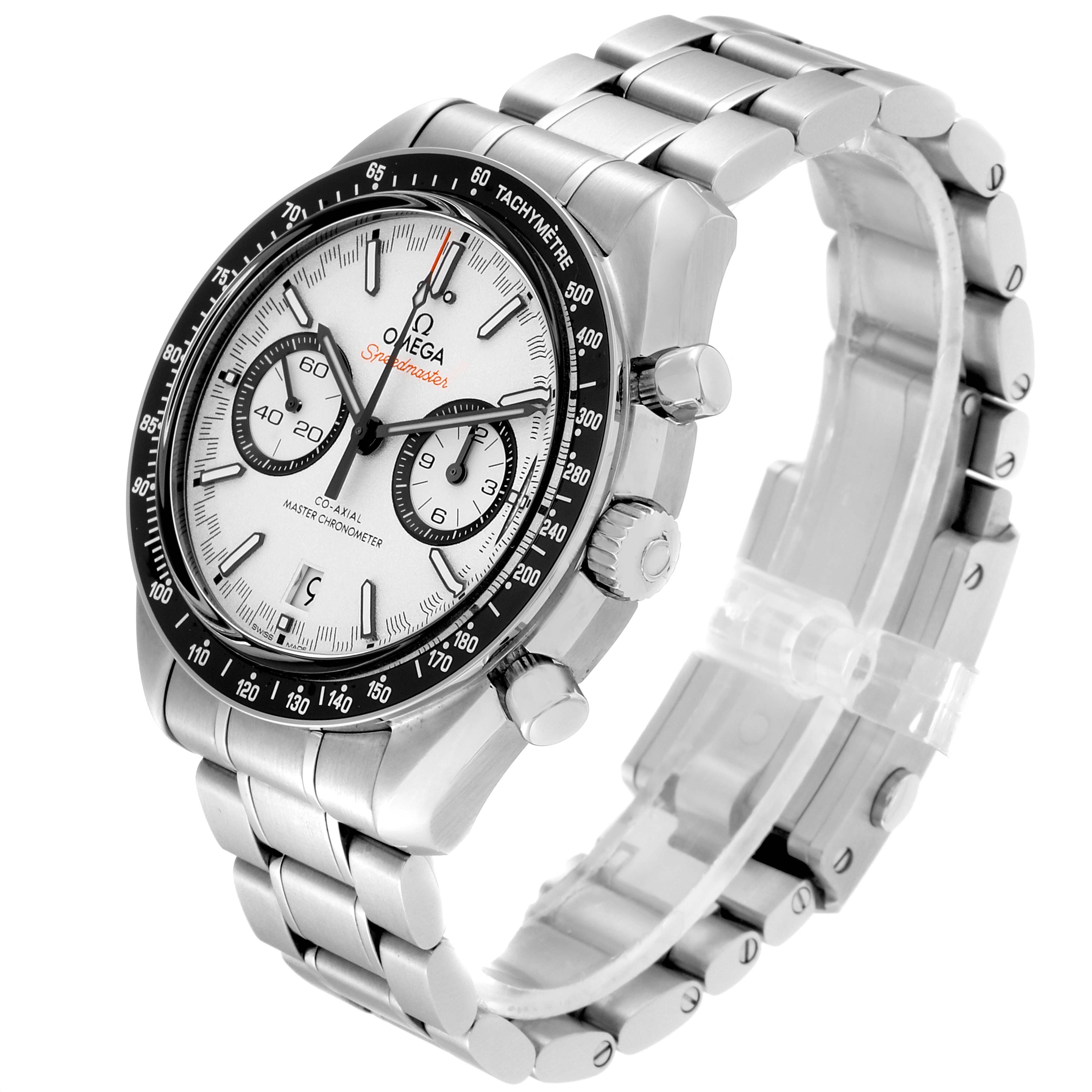 The image shows an angled view of an Omega Speedmaster 40257 Men
s Stainless Steel White Dial 40257 Men
s Stainless Steel White Dial, displaying its dial, bezel, crown, pushers, and metal bracelet.