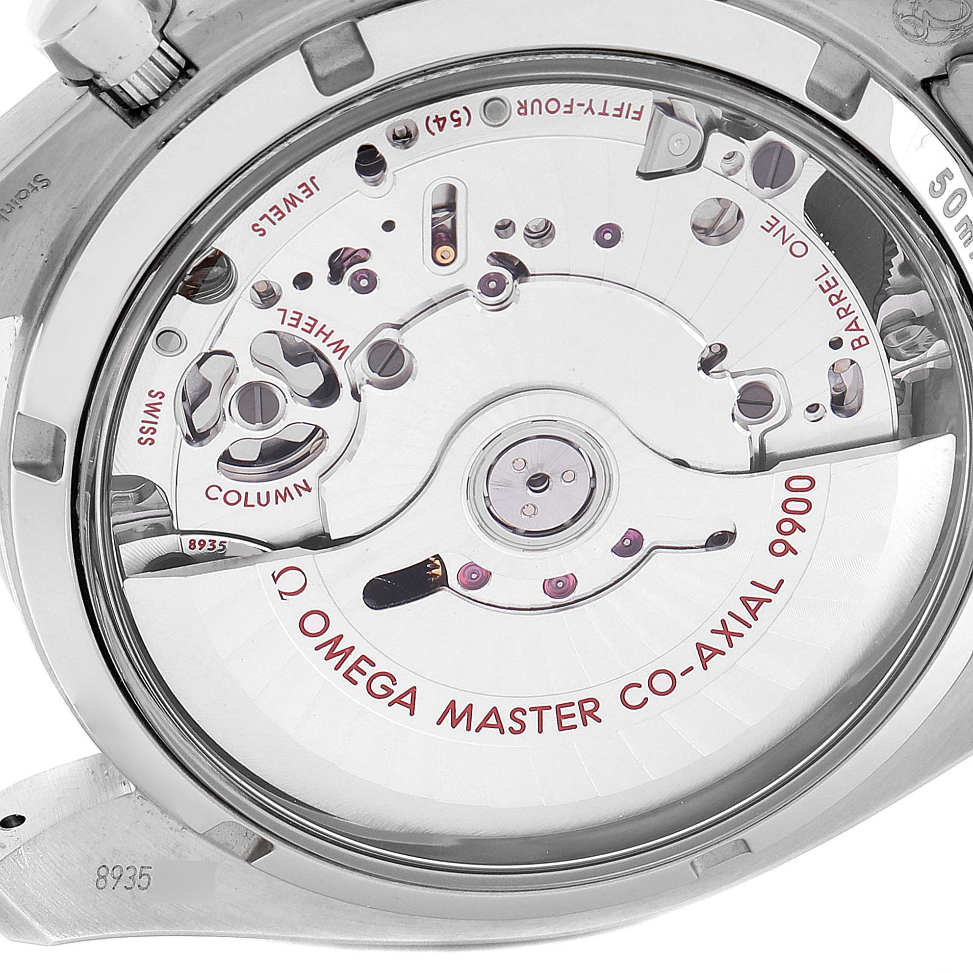 The image shows the back view of an Omega Speedmaster 40257 Men
s Stainless Steel White Dial 40257 Men
s Stainless Steel White Dial, highlighting its Co-Axial 9900 master chronometer movement.