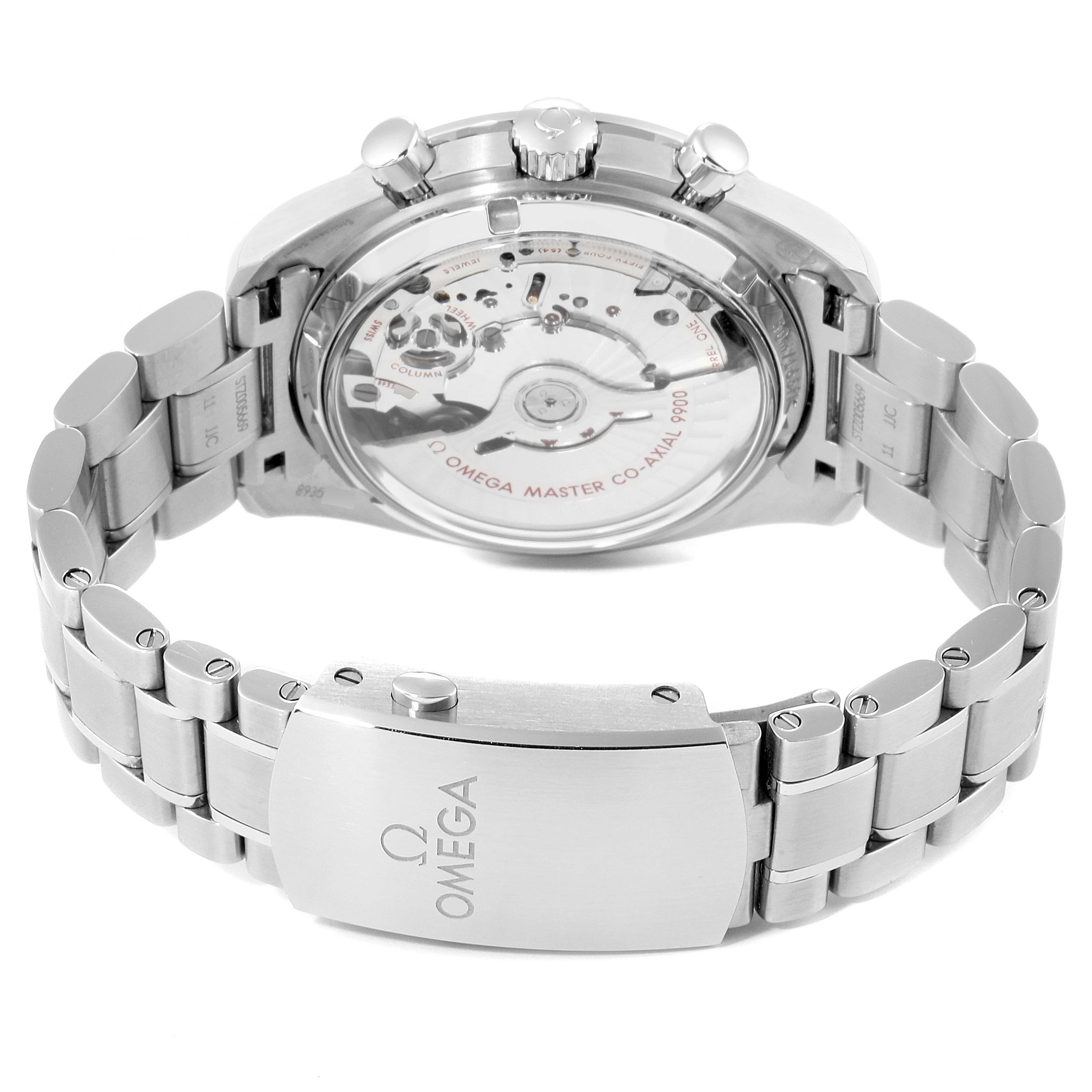 The image shows the rear view of the Omega Speedmaster 40257 Men
s Stainless Steel White Dial 40257 Men
s Stainless Steel White Dial watch, highlighting the case back, movement, and bracelet with a branded clasp.