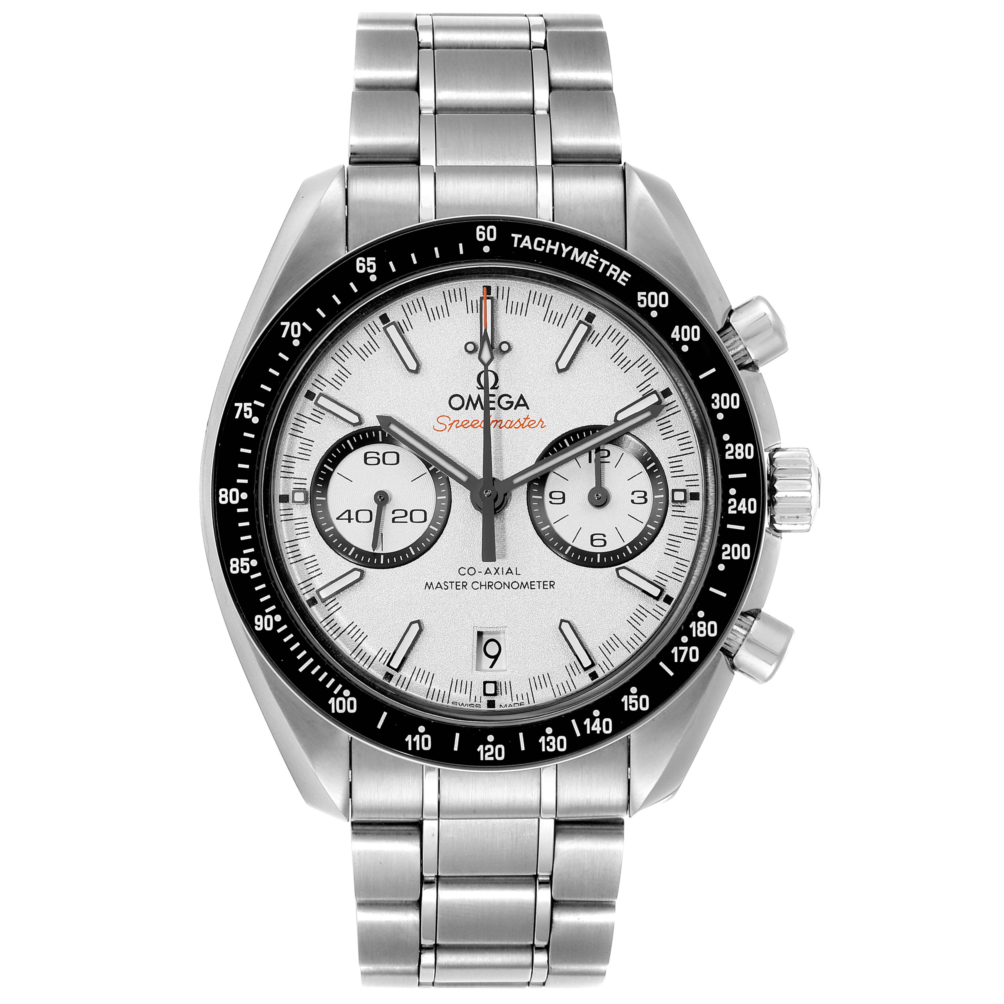 The image shows a frontal view of the Omega Speedmaster 40257 Men
s Stainless Steel White Dial 40257 Men
s Stainless Steel White Dial watch, highlighting its dial, bezel, and bracelet.