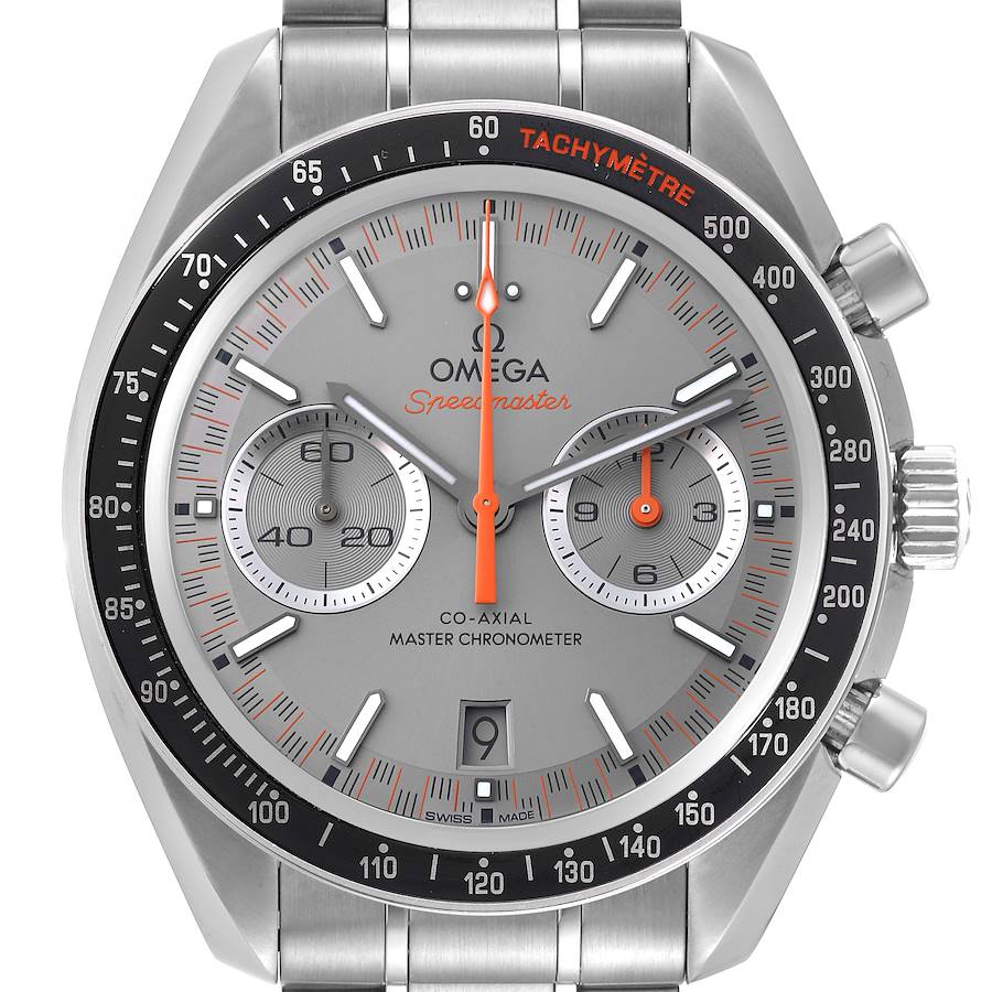 The Omega Speedmaster watch is shown from a front angle, displaying the dial, tachymeter bezel, and pushers.