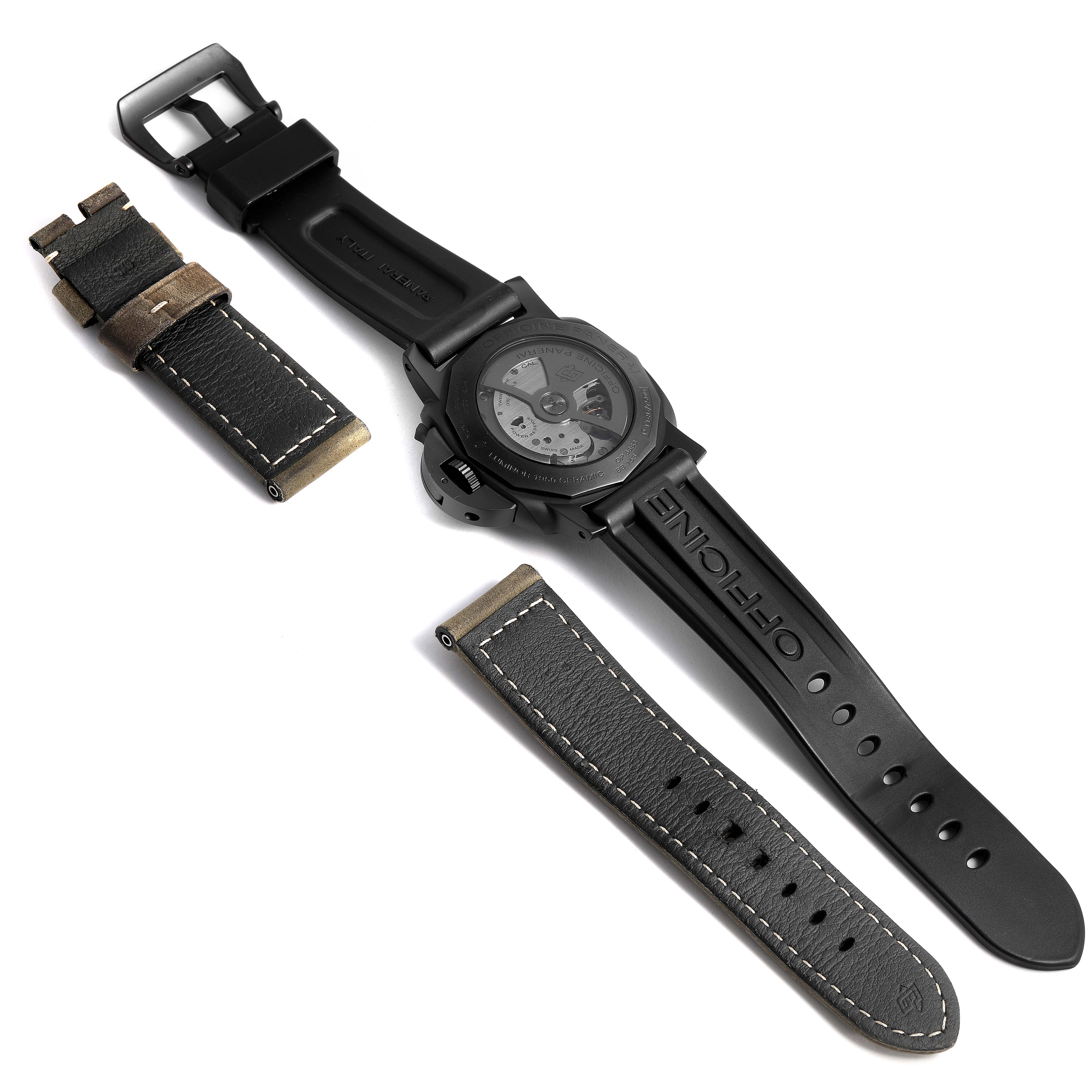 This image shows the back view of a Panerai Luminor PAM00441 Men
s Stainless Steel Black Dial PAM00441 Men
s Stainless Steel Black Dial watch with additional strap accessories.