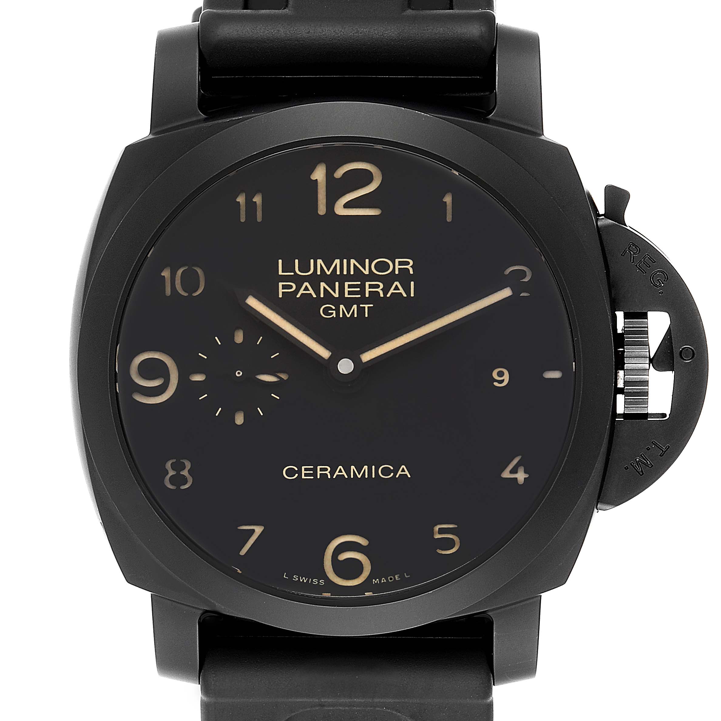 The image shows a front view of a Panerai Luminor PAM00441 Men
s Stainless Steel Black Dial PAM00441 Men
s Stainless Steel Black Dial GMT Ceramica watch, displaying the dial, hands, and crown with its distinctive guard.