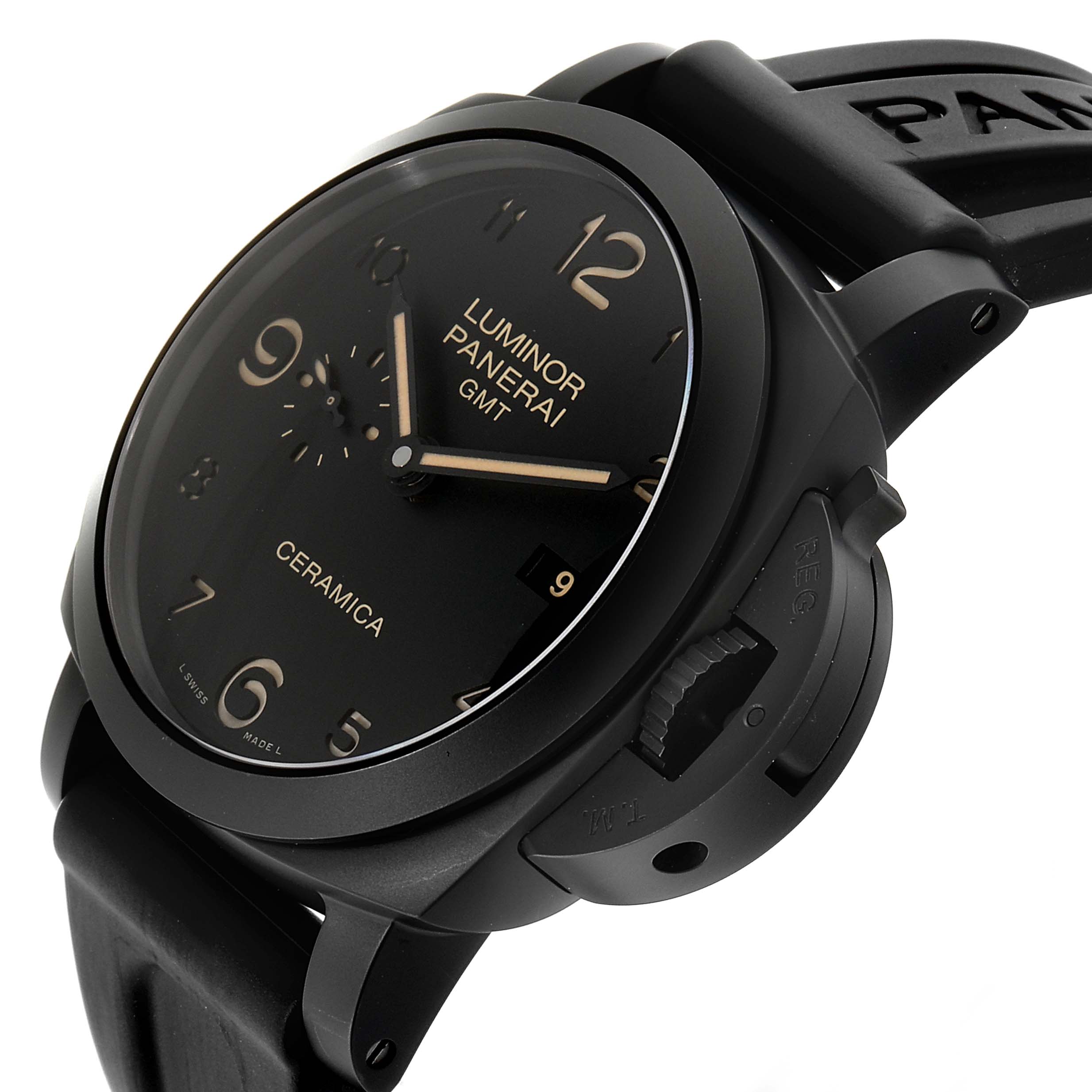 This Panerai Luminor PAM00441 Men
s Stainless Steel Black Dial PAM00441 Men
s Stainless Steel Black Dial watch is shown at an angled close-up, highlighting the dial, case, and part of the strap.