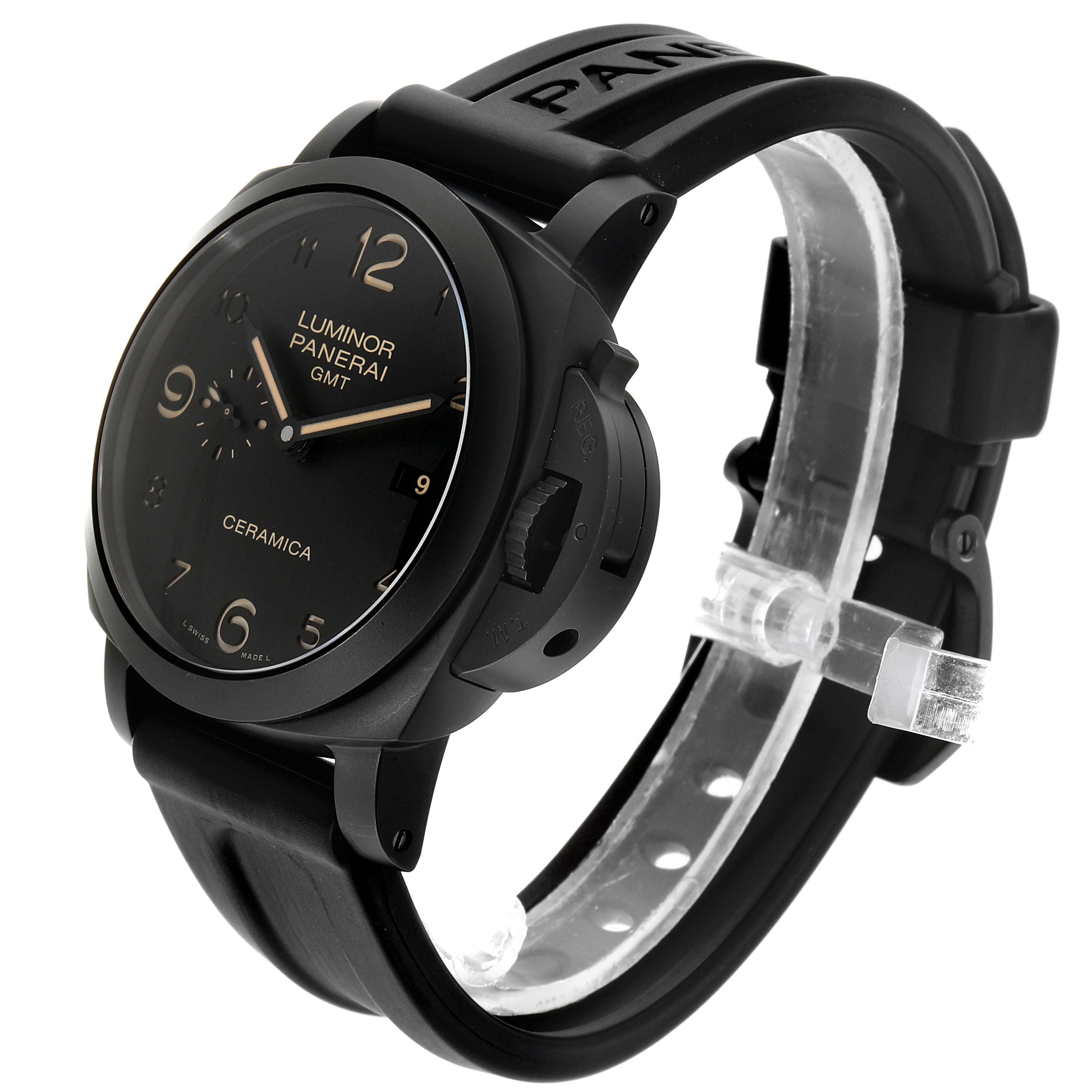 The image shows a Panerai Luminor PAM00441 Men
s Stainless Steel Black Dial PAM00441 Men
s Stainless Steel Black Dial watch at an oblique angle, highlighting the face, crown guard, and strap.