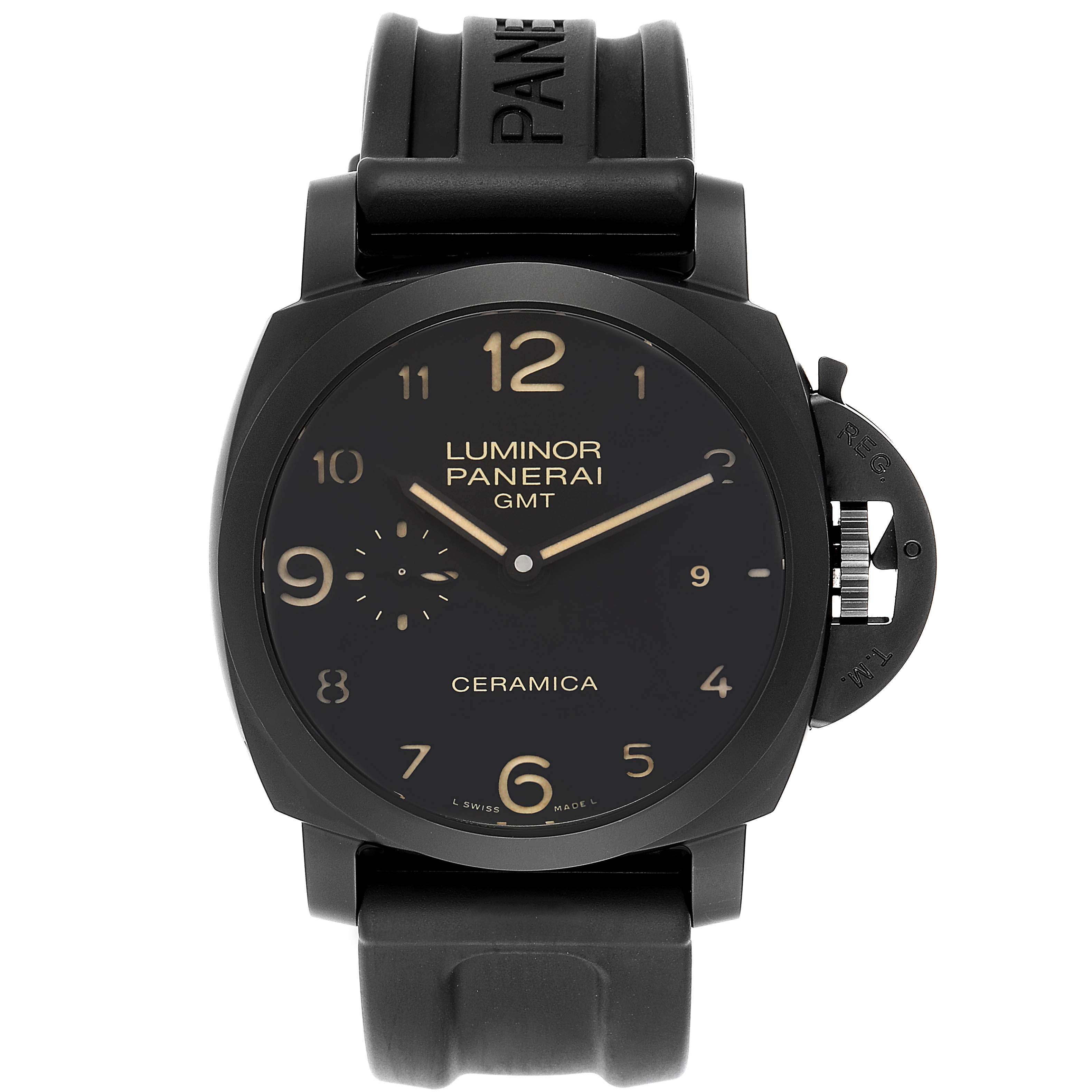 The image shows a front view of a Panerai Luminor PAM00441 Men
s Stainless Steel Black Dial PAM00441 Men
s Stainless Steel Black Dial GMT Ceramica watch including its face and strap.