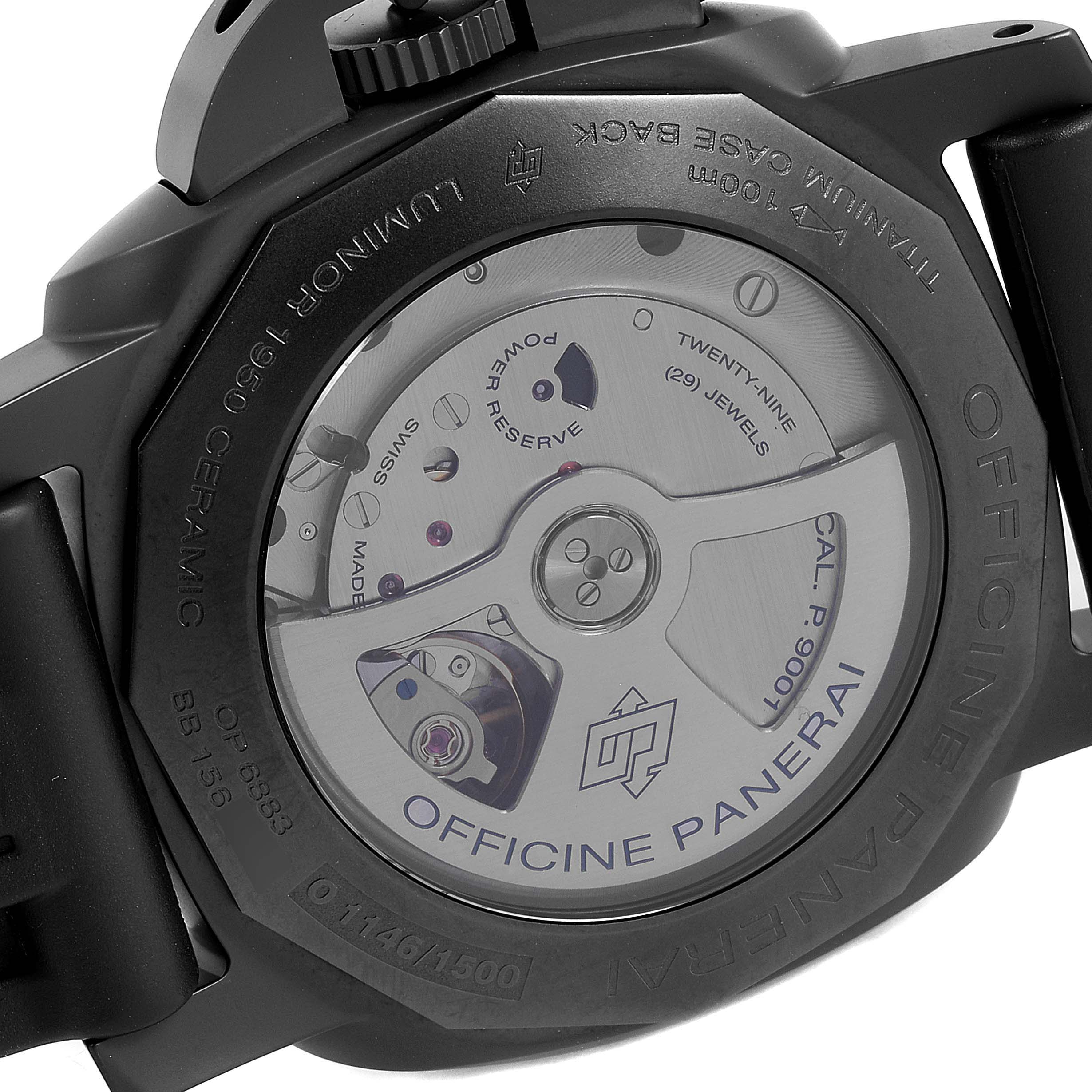 The image shows the back of a Panerai Luminor PAM00441 Men
s Stainless Steel Black Dial PAM00441 Men
s Stainless Steel Black Dial watch, highlighting its transparent case back and internal mechanism.