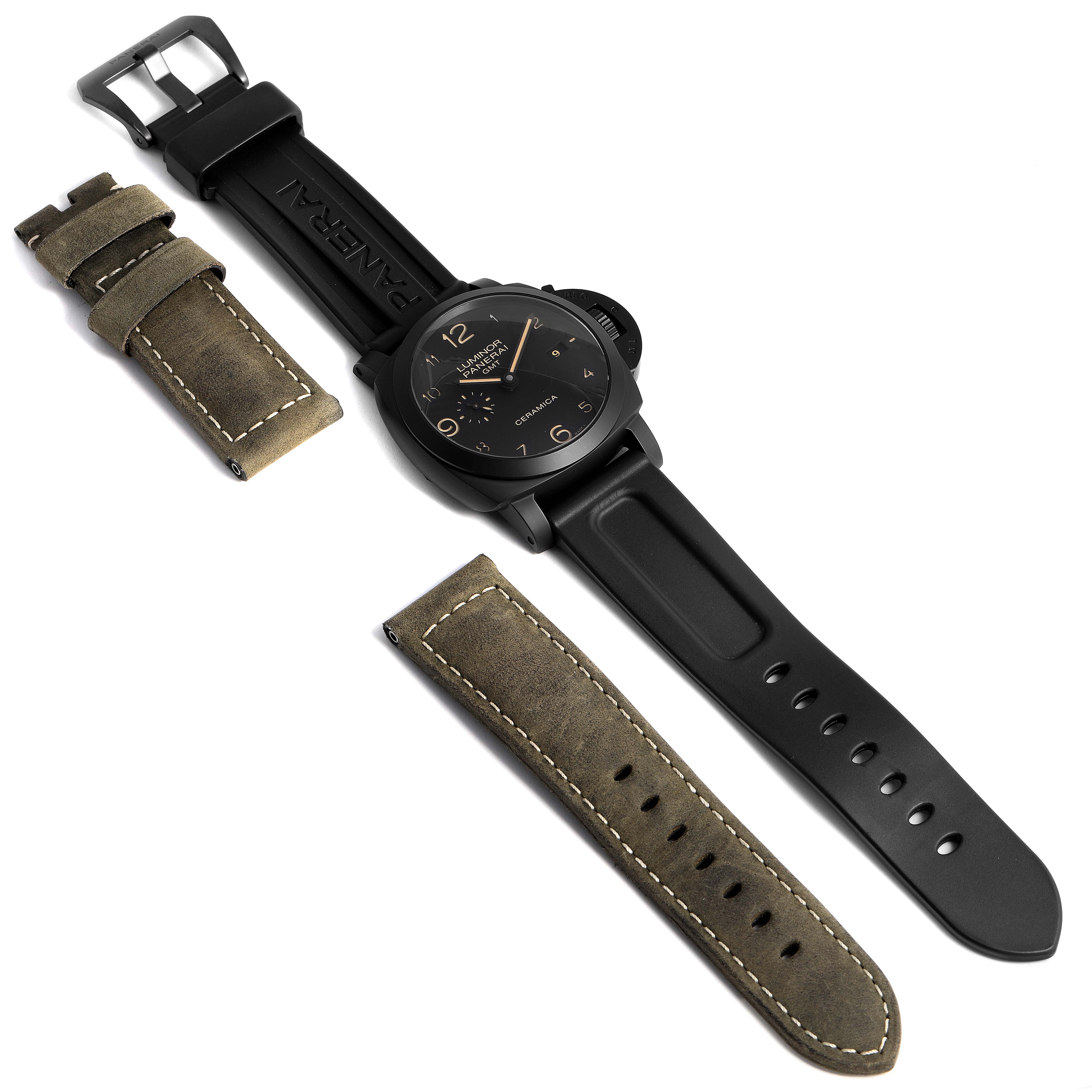 The image shows a Luminor model by Panerai with black and brown straps, displayed from a top-down angle.