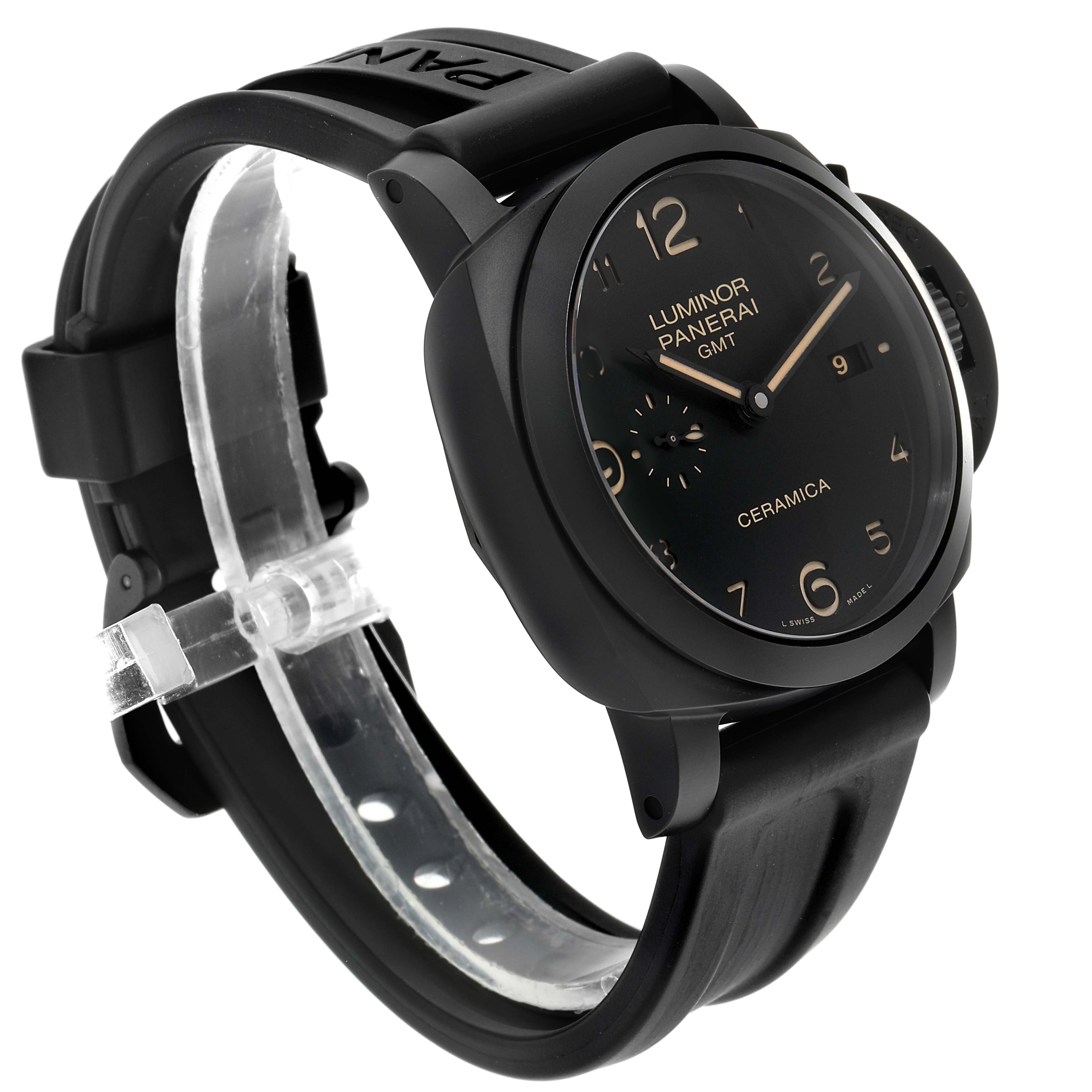 The image shows a Panerai Luminor PAM00441 Men
s Stainless Steel Black Dial PAM00441 Men
s Stainless Steel Black Dial watch at a three-quarter angle, highlighting its face, strap, and crown guard.