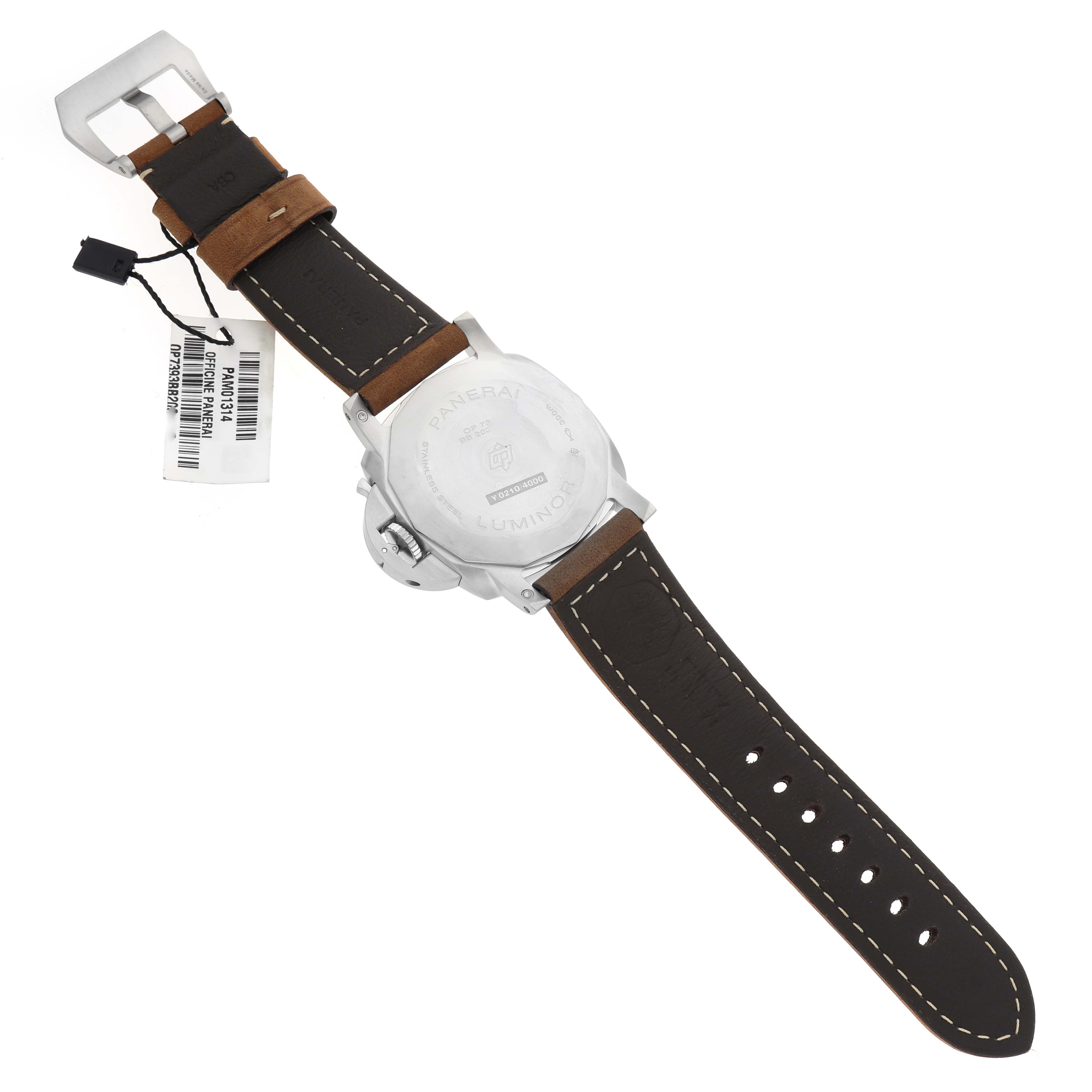 The Panerai Luminor PAM01314 Men's Stainless Steel White Dial watch is shown from the back, displaying the case, buckle, and brown leather strap.