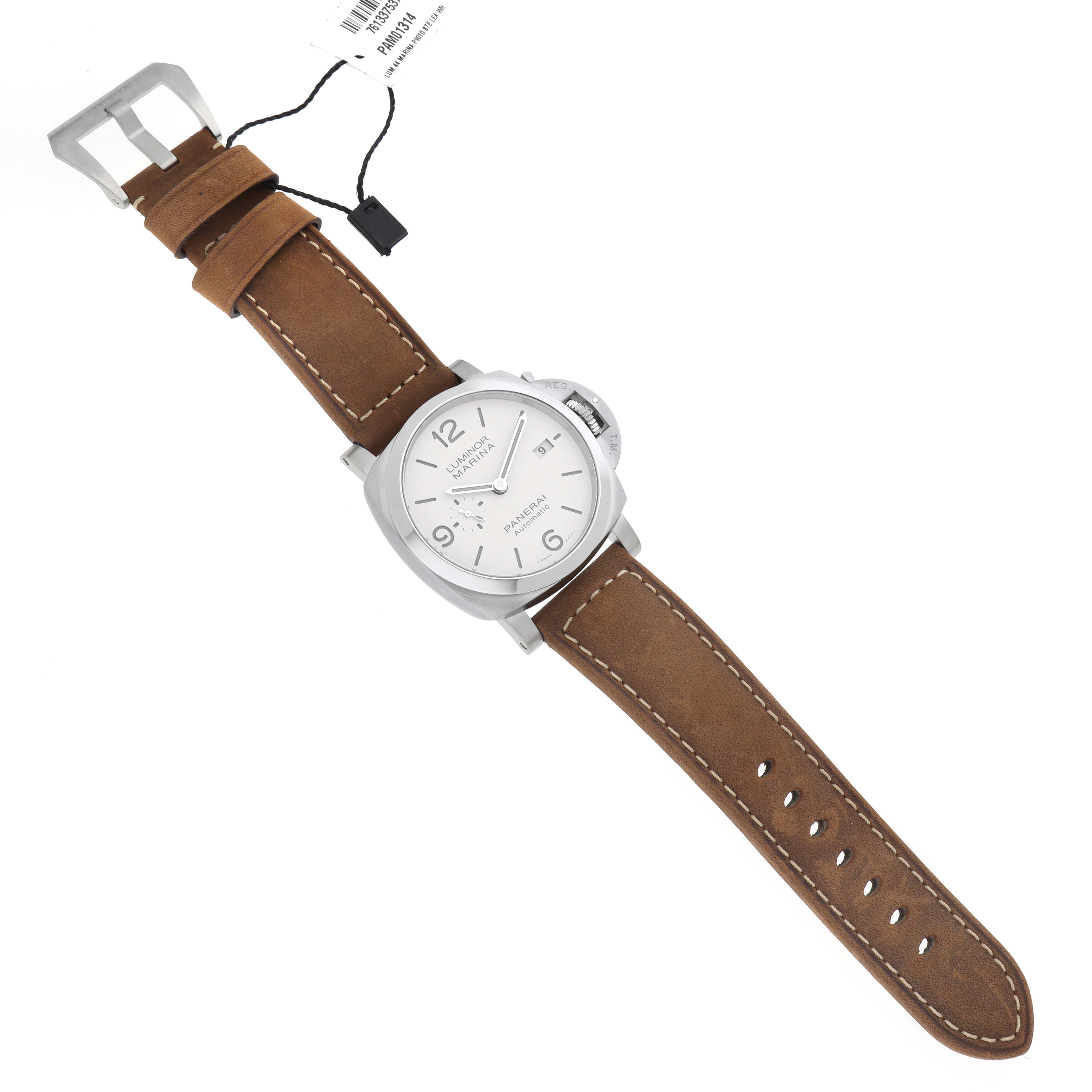 The Panerai Luminor PAM01314 Men's Stainless Steel White Dial watch is shown from above, displaying the dial, case, and brown leather strap with a visible buckle.