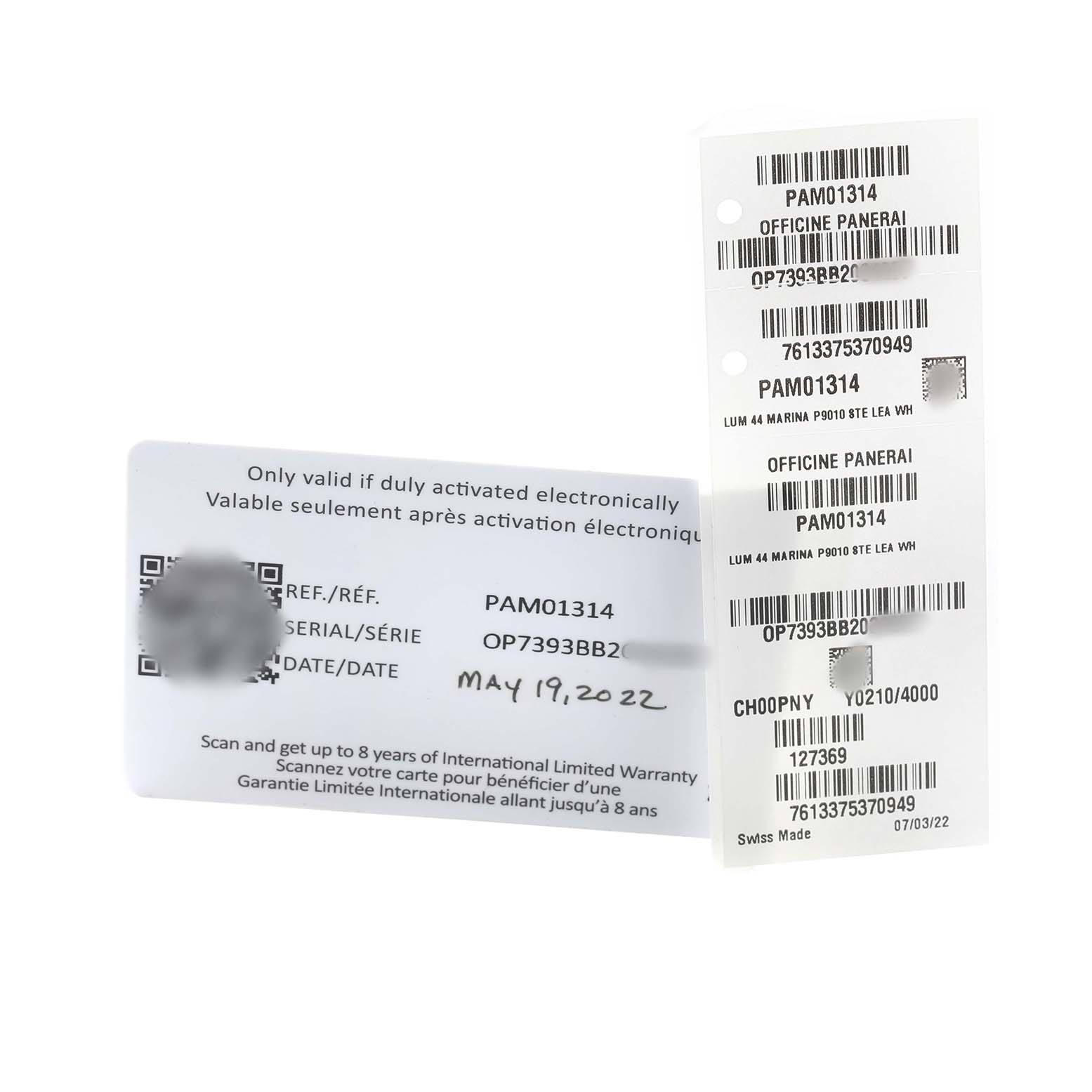 The image shows warranty and serial documentation for a Panerai Luminor PAM01314 Men's Stainless Steel White Dial model, including model reference and serial numbers.