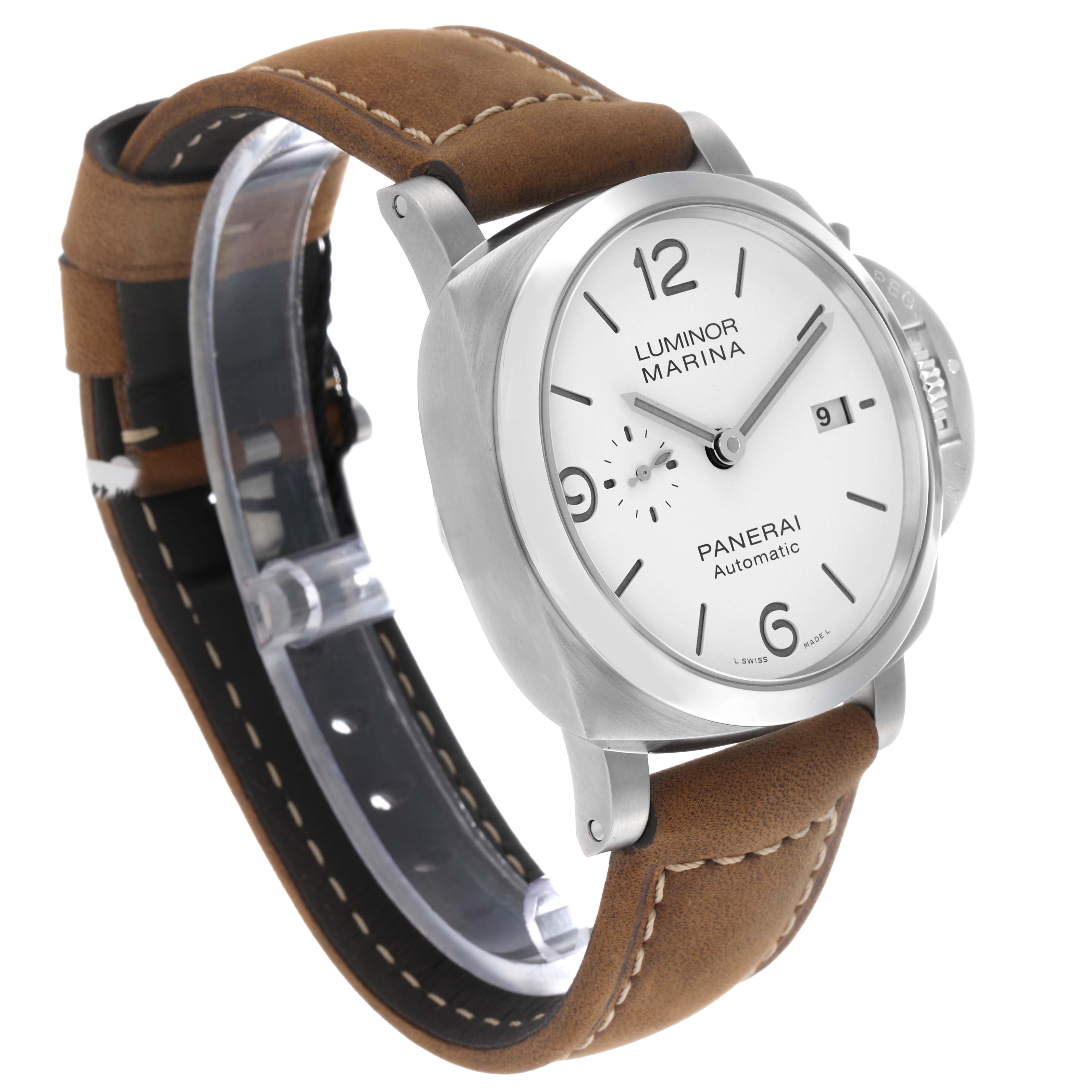 The image shows a Panerai Luminor PAM01314 Men's Stainless Steel White Dial model watch at a three-quarter angle, highlighting the face, crown guard, and leather strap.