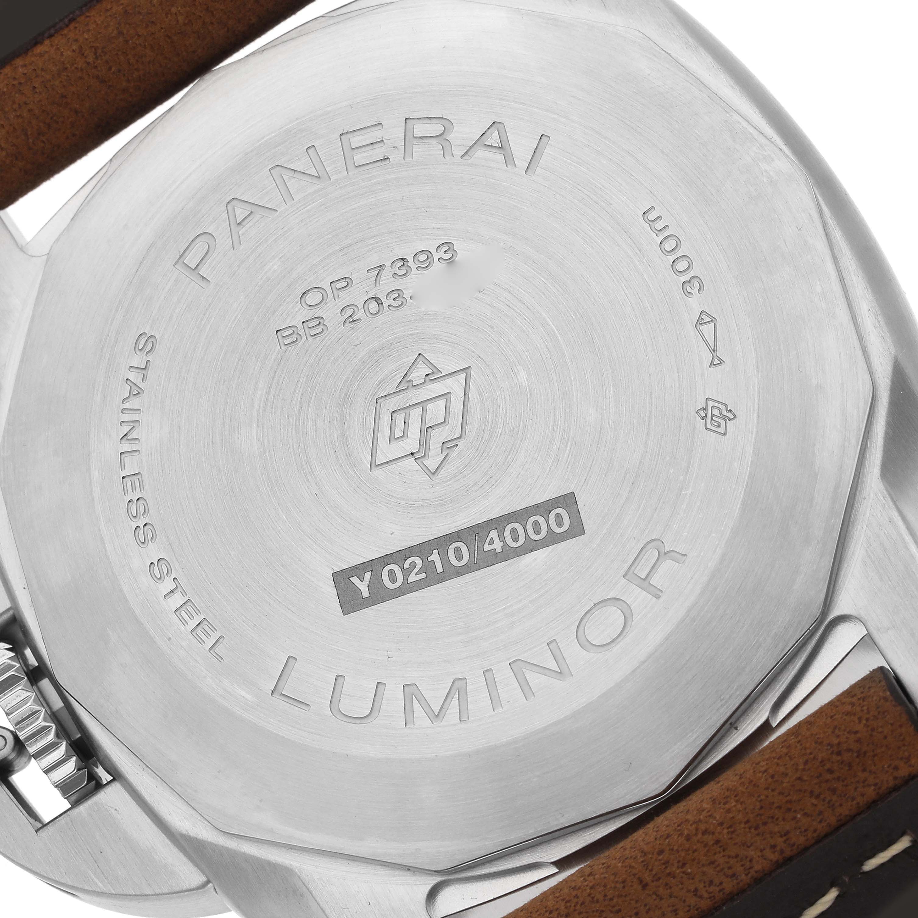 The image shows the case back of a Panerai Luminor PAM01314 Men's Stainless Steel White Dial, displaying branding and model details.