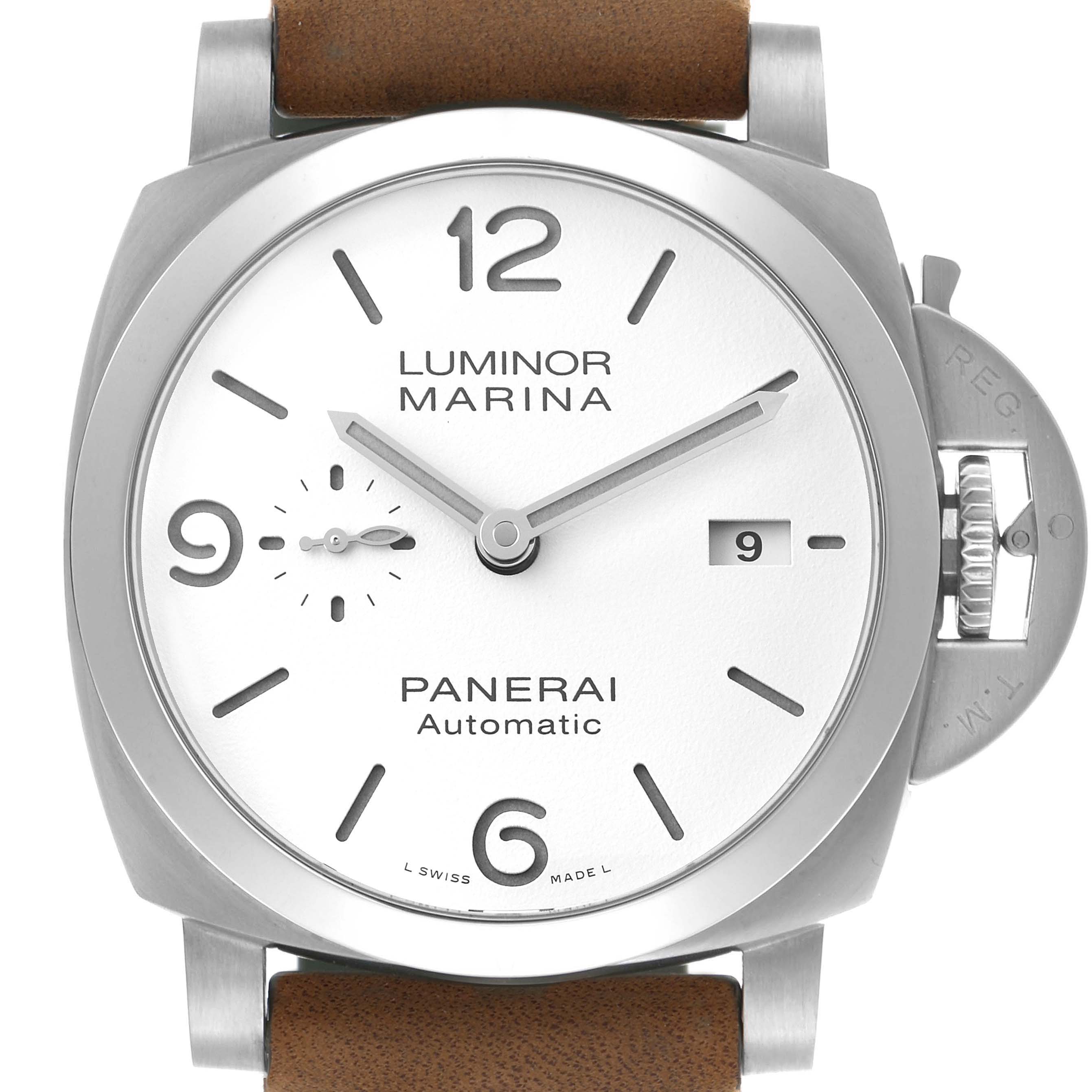 The Panerai Luminor PAM01314 Men's Stainless Steel White Dial watch is shown from the front, displaying the dial, brown strap, and crown guard.