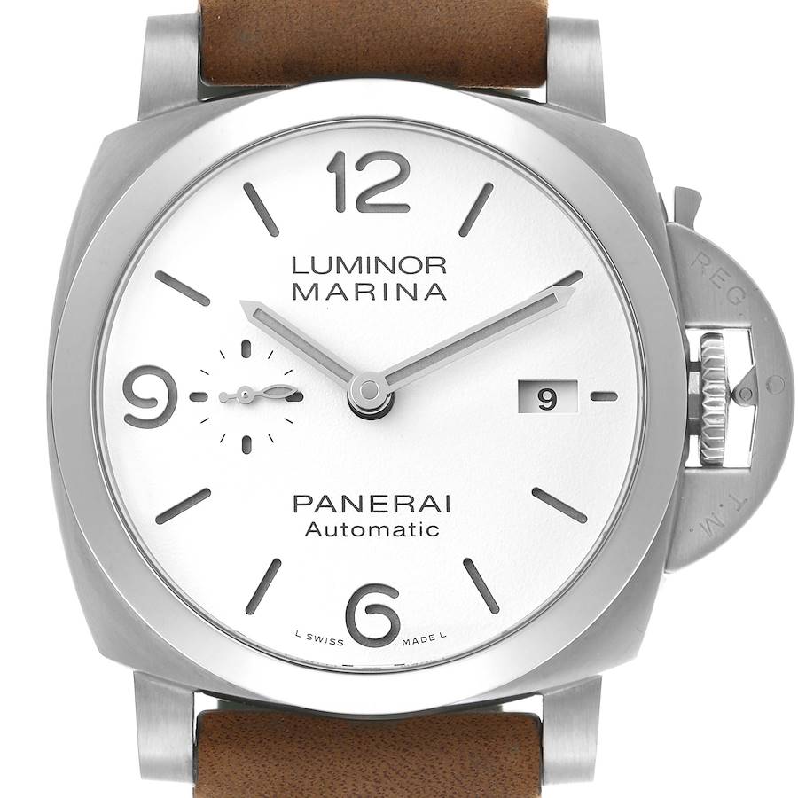 The Panerai Luminor PAM01314 Men's Stainless Steel White Dial watch is shown from the front, displaying the dial, brown strap, and crown guard.
