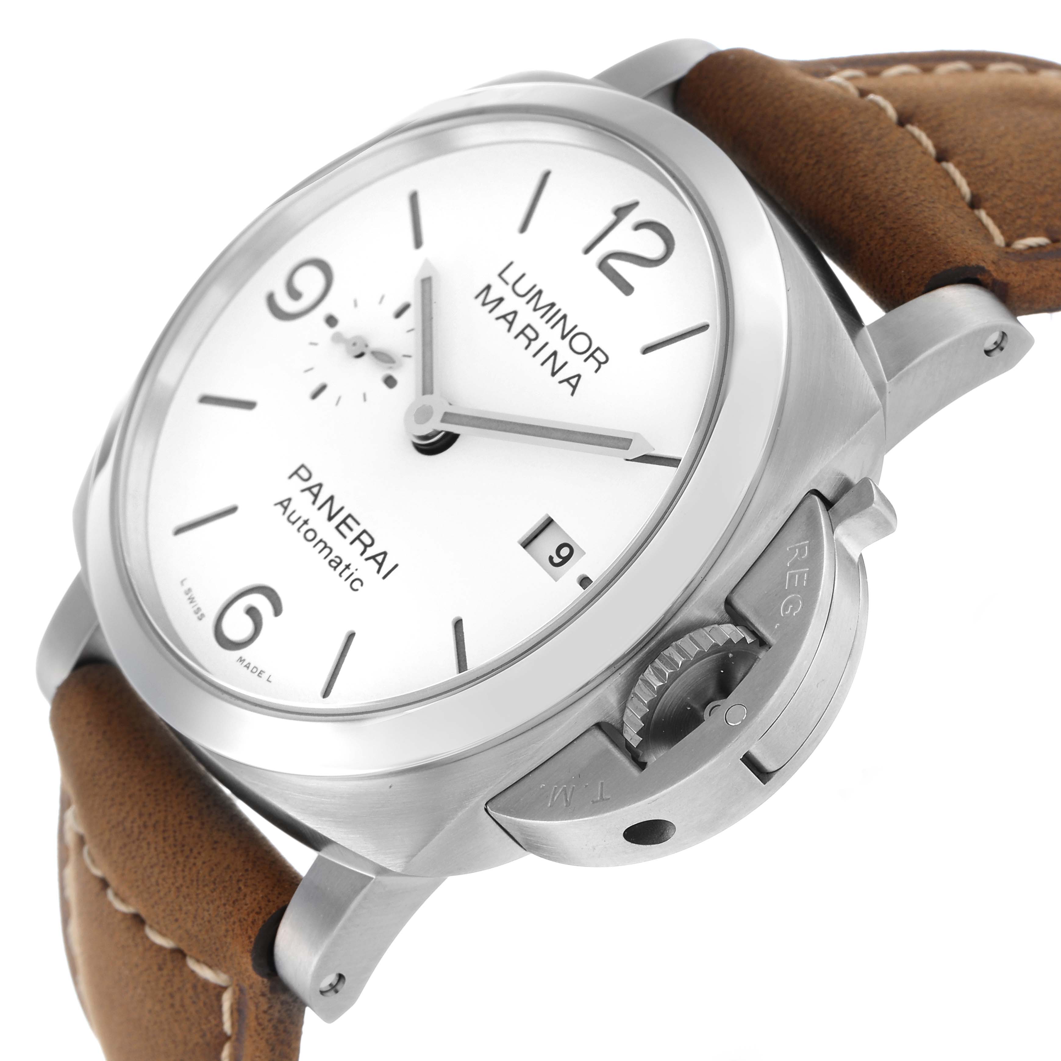 The Panerai Luminor PAM01314 Men's Stainless Steel White Dial watch is shown at an angled side view, displaying the crown guard, dial, and brown leather strap.