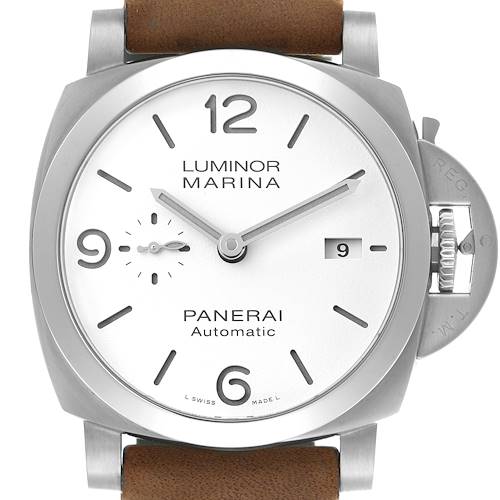 The image shows a front view of the Panerai Luminor PAM01314 Men's Stainless Steel White Dial Marina watch, displaying the dial, crown guard, and leather strap.