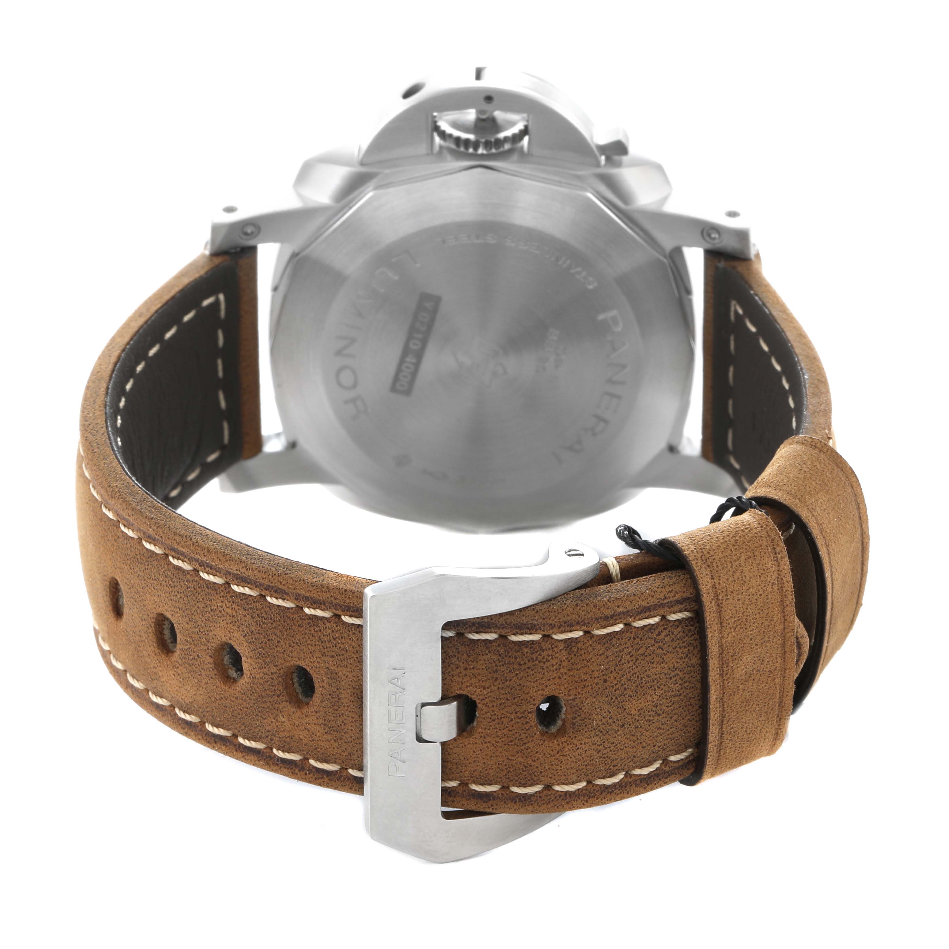 The image shows the back view of a Panerai Luminor PAM01314 Men's Stainless Steel White Dial watch, highlighting the case back, leather strap, and buckle.
