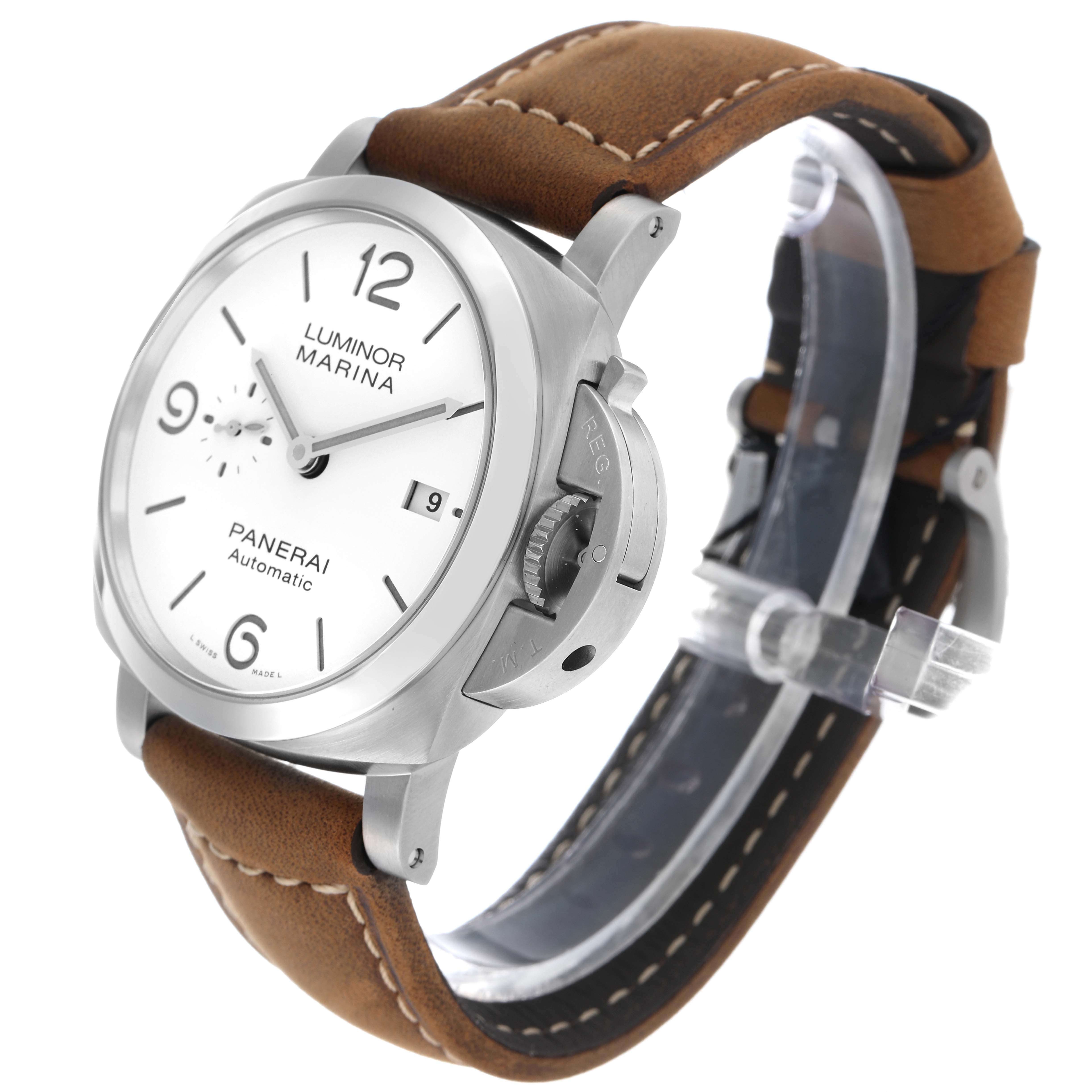 The Panerai Luminor PAM01314 Men's Stainless Steel White Dial watch is shown at a three-quarter angle, highlighting the dial, crown guard, and leather strap.