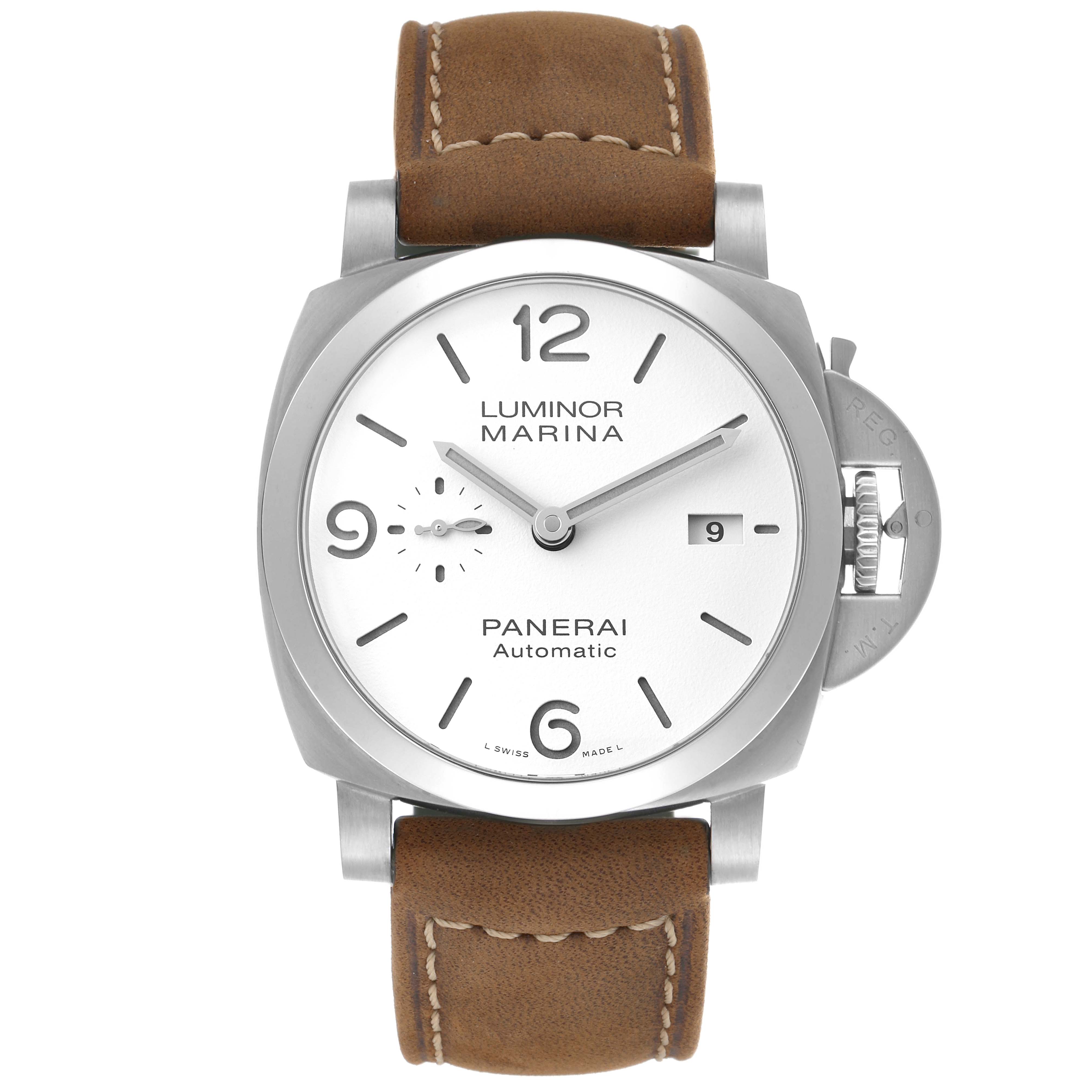 The Panerai Luminor PAM01314 Men's Stainless Steel White Dial watch is shown from a top-down angle, featuring a dial, leather strap, crown guard, and date window.
