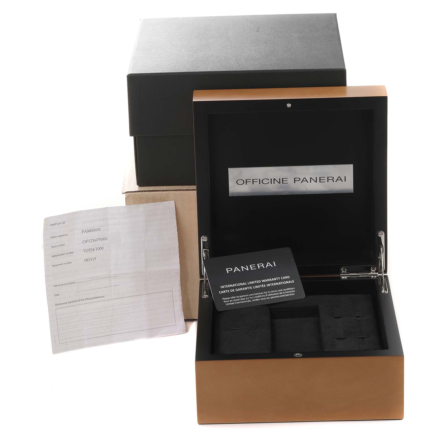 The image shows the packaging components of a Panerai Submersible PAM00692 Men's Titanium Blue Dial PAM00692 Men's Titanium Blue Dial model, including the watch box, warranty card, and paperwork.