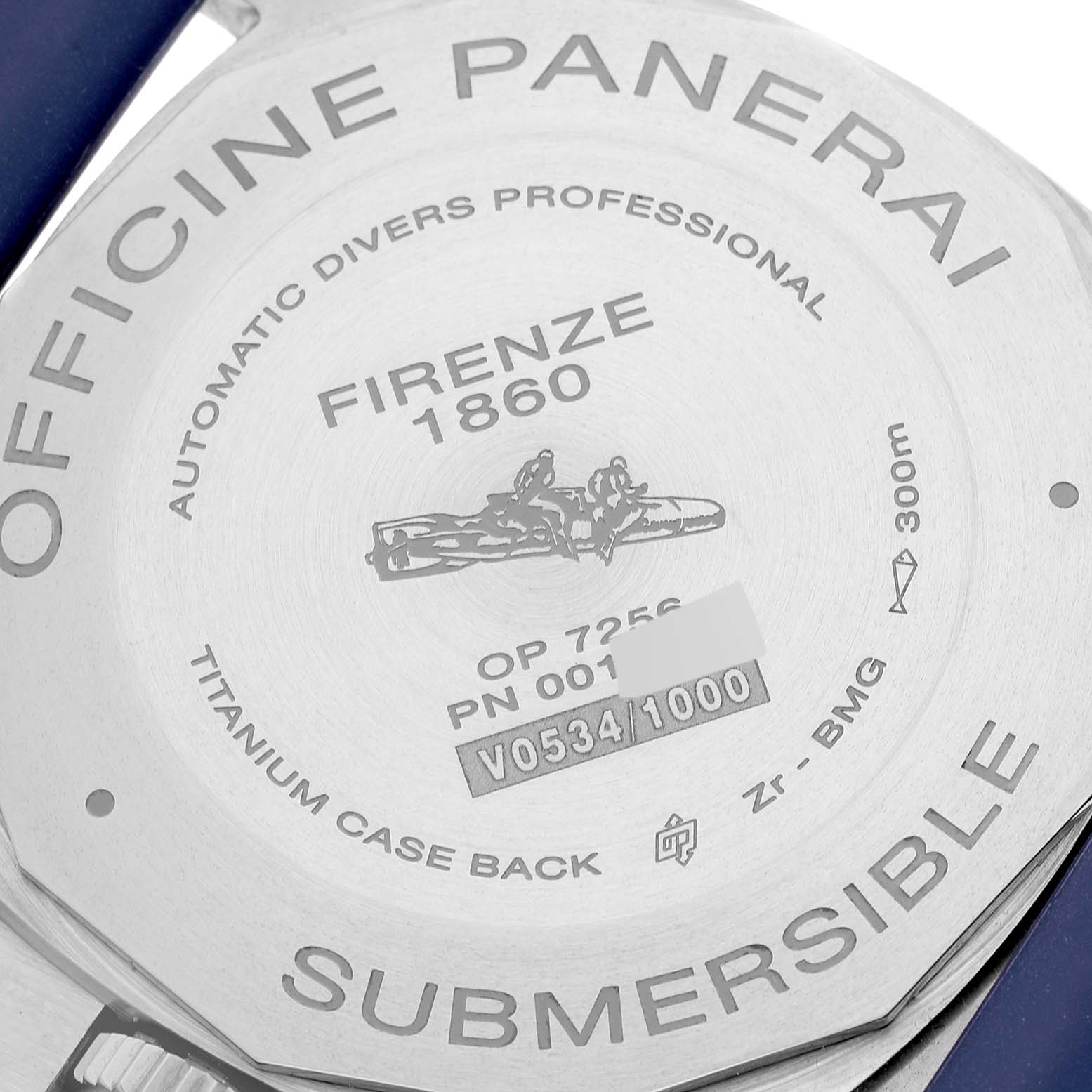This image shows the case back of the Panerai Submersible PAM00692 Men's Titanium Blue Dial PAM00692 Men's Titanium Blue Dial watch, highlighting its details and inscriptions.