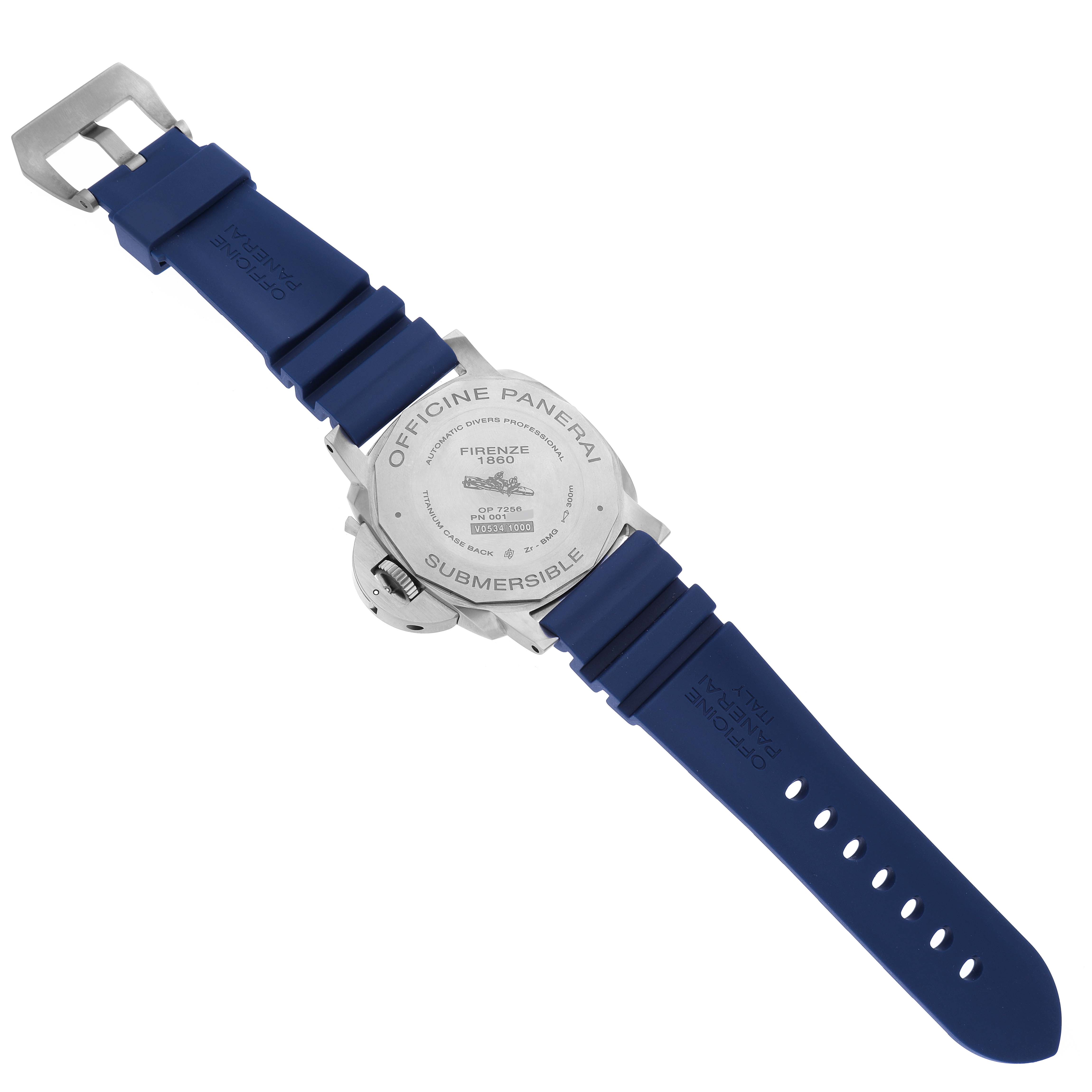 The image shows the back of the Panerai Submersible PAM00692 Men's Titanium Blue Dial PAM00692 Men's Titanium Blue Dial watch, highlighting its case back, strap, and buckle at a top view angle.