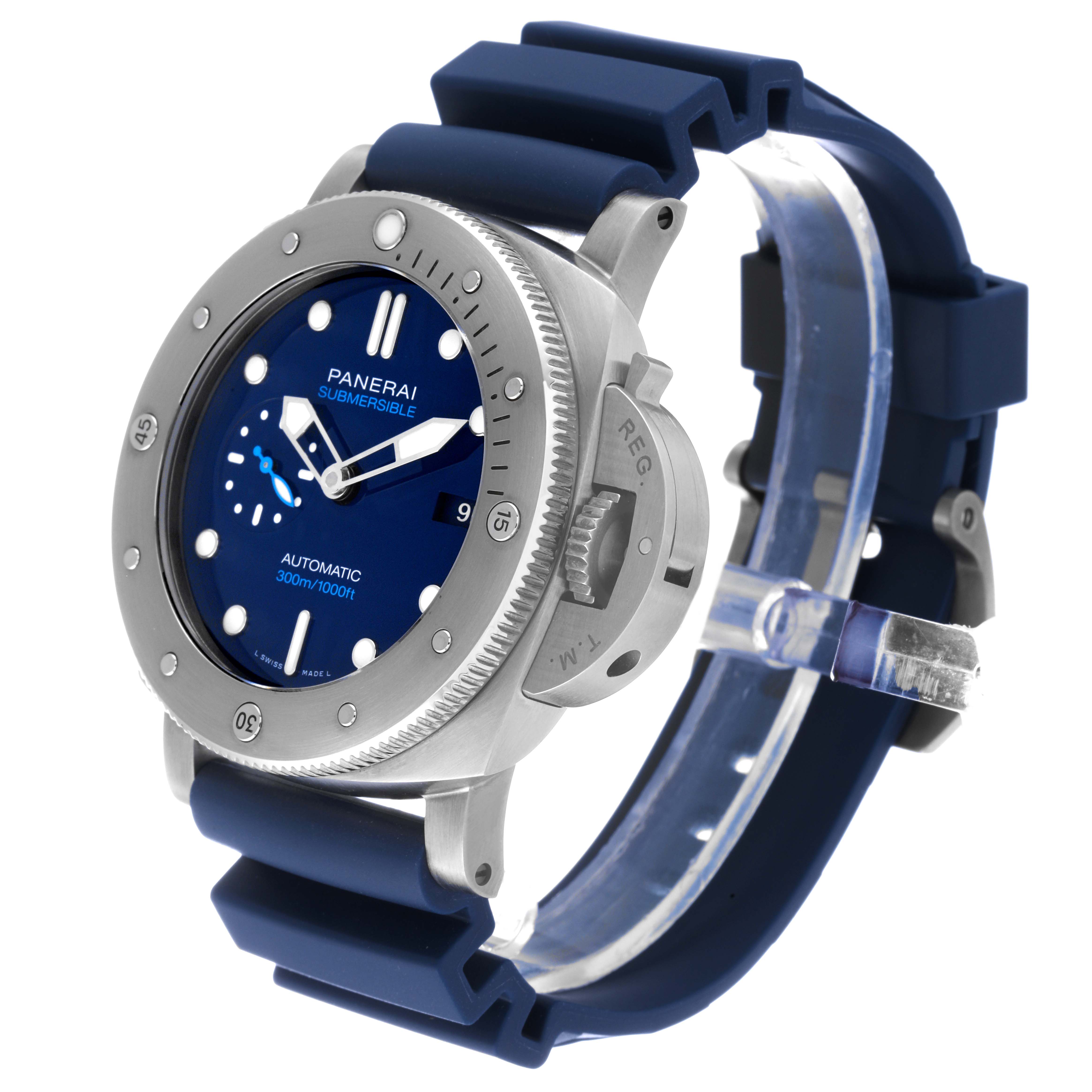 The image shows a side and front angle of a Panerai Submersible PAM00692 Men's Titanium Blue Dial PAM00692 Men's Titanium Blue Dial watch, displaying its bezel, dial, and blue strap.