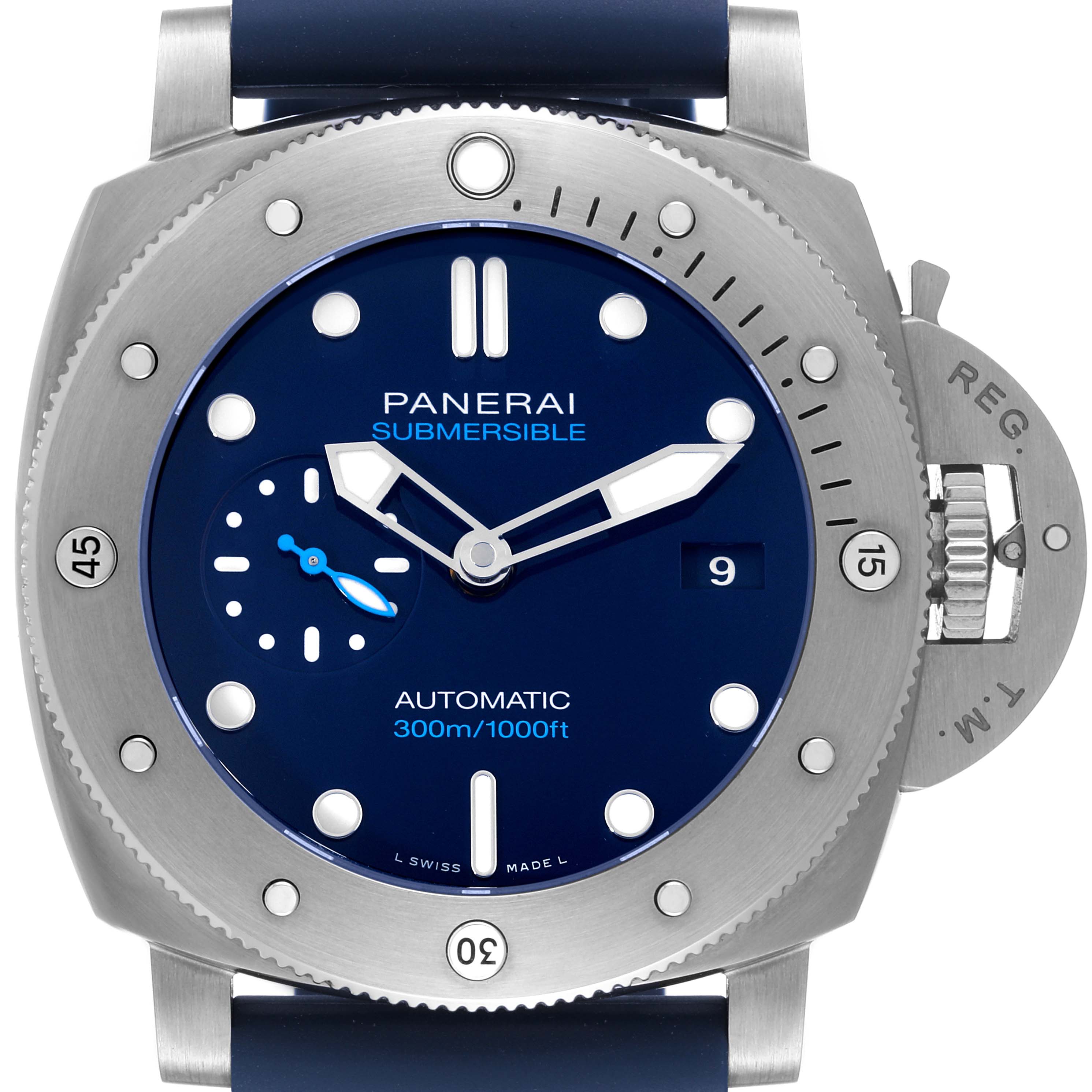 The image shows a front view of the Panerai Submersible PAM00692 Men's Titanium Blue Dial PAM00692 Men's Titanium Blue Dial watch, highlighting the dial, bezel, and crown guard.