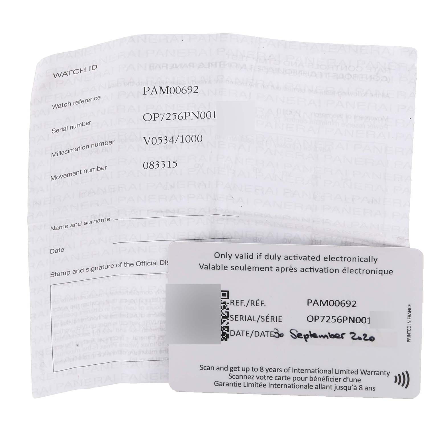 The image shows a warranty card and booklet for a Panerai Submersible PAM00692 Men's Titanium Blue Dial PAM00692 Men's Titanium Blue Dial model PAM00692 watch.