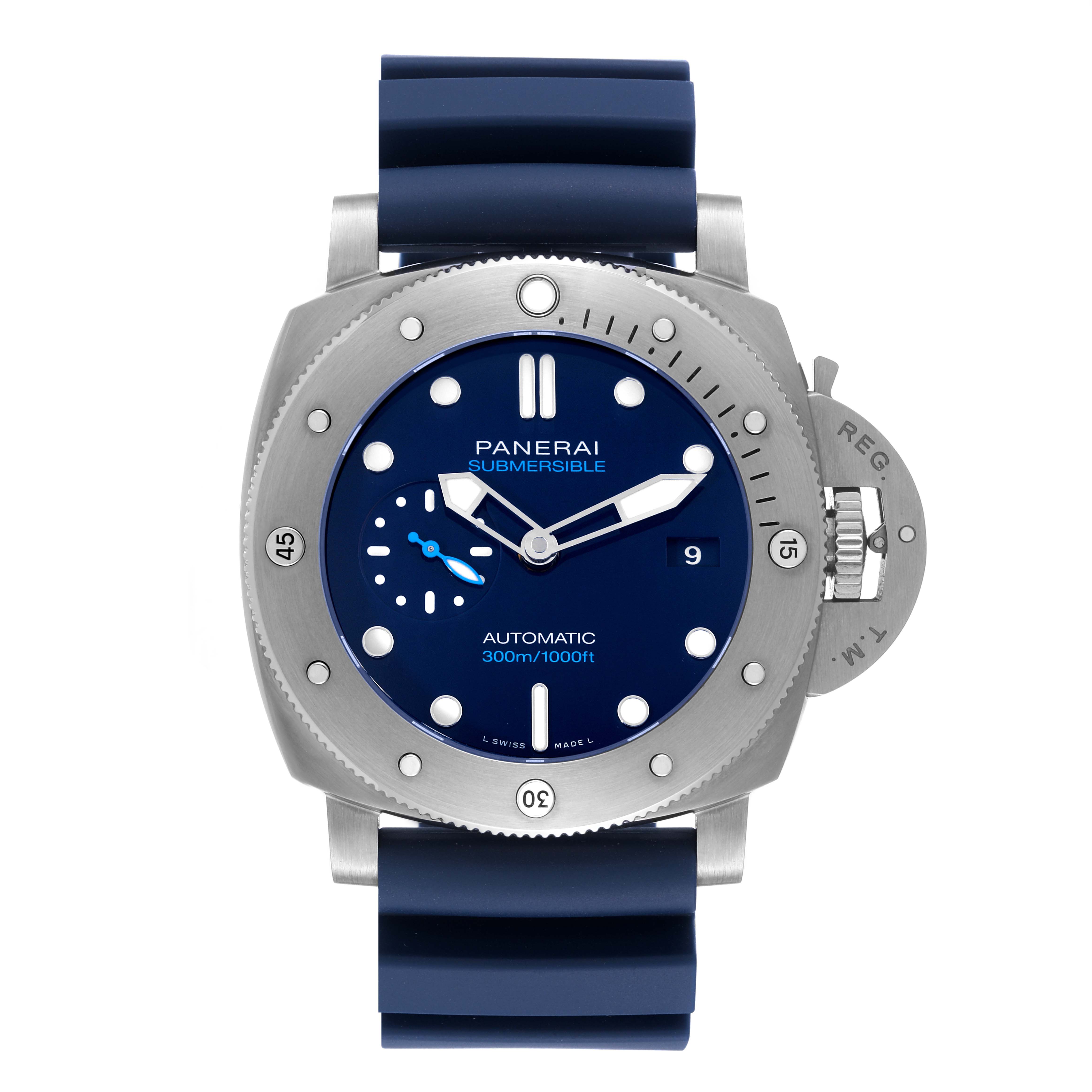 The image shows a front view of the Panerai Submersible PAM00692 Men's Titanium Blue Dial PAM00692 Men's Titanium Blue Dial watch, highlighting its dial, bezel, and rubber strap.