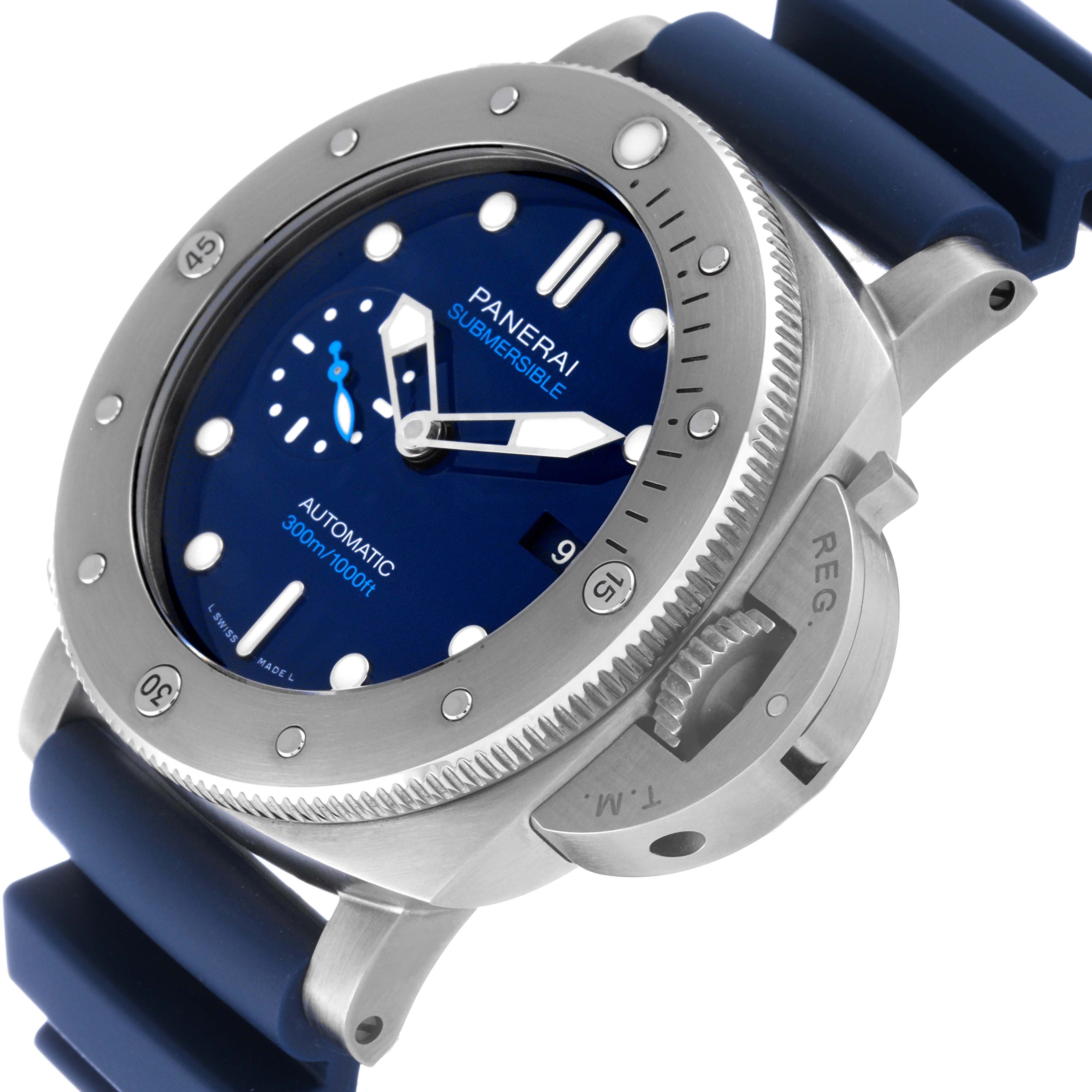 The image shows the front angle of a Panerai Submersible PAM00692 Men's Titanium Blue Dial PAM00692 Men's Titanium Blue Dial watch, highlighting its dial, bezel, and crown guard.