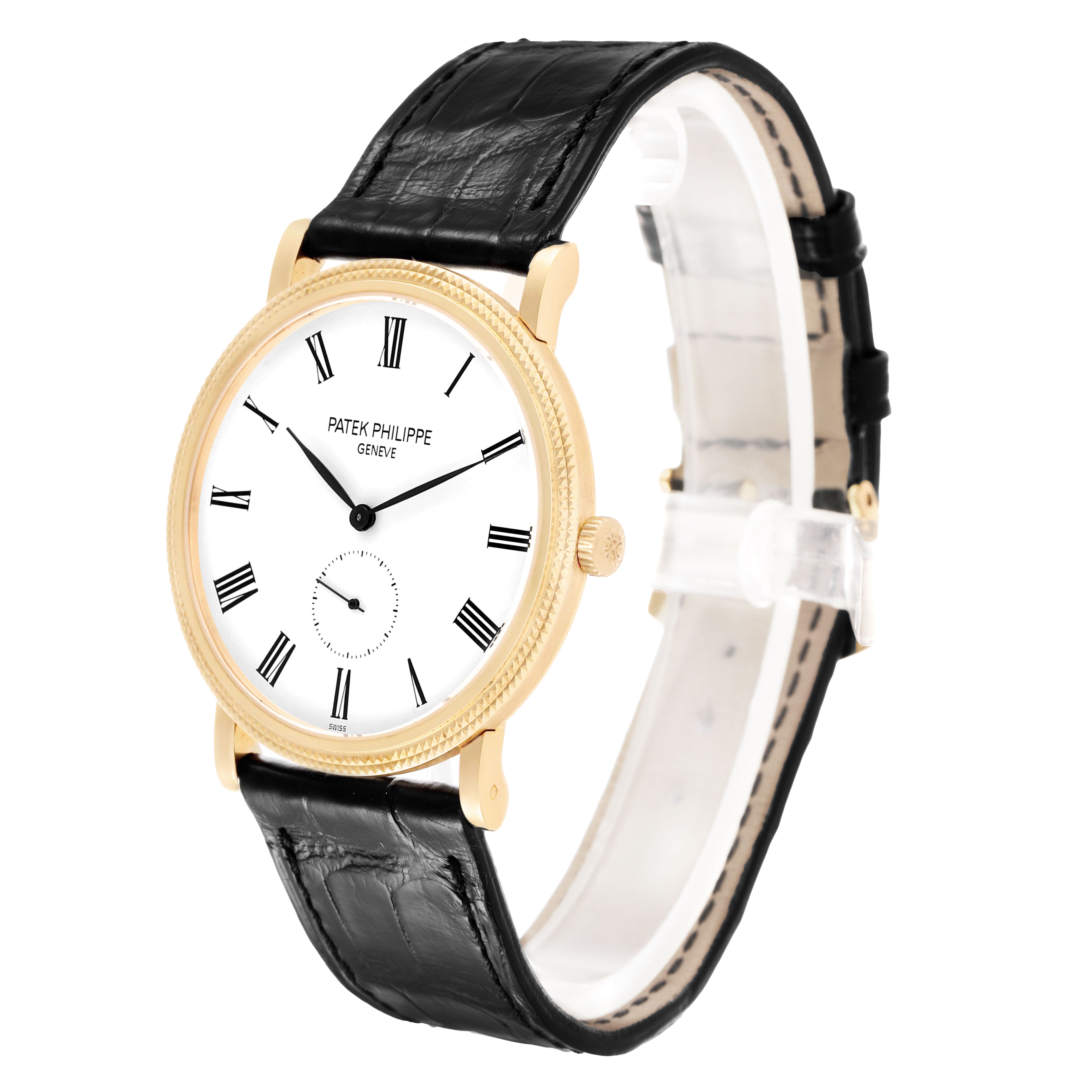 The Patek Philippe Calatrava 5119J-001 Men's Yellow Gold White Dial watch is shown at a slight angle, displaying the dial, case, crown, and leather strap.