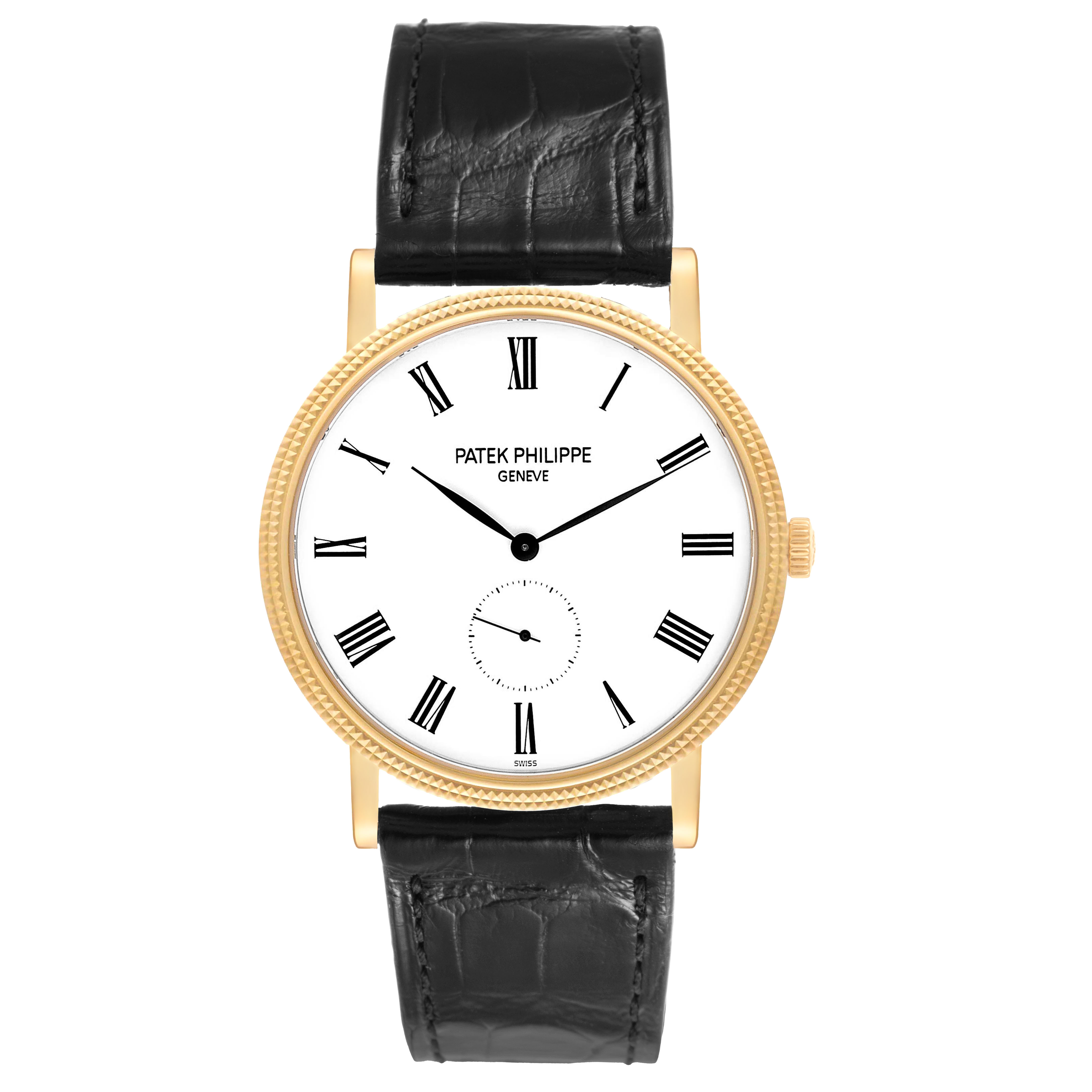 The Patek Philippe Calatrava 5119J-001 Men's Yellow Gold White Dial watch is shown from the front, displaying its white dial, Roman numerals, and black leather strap.