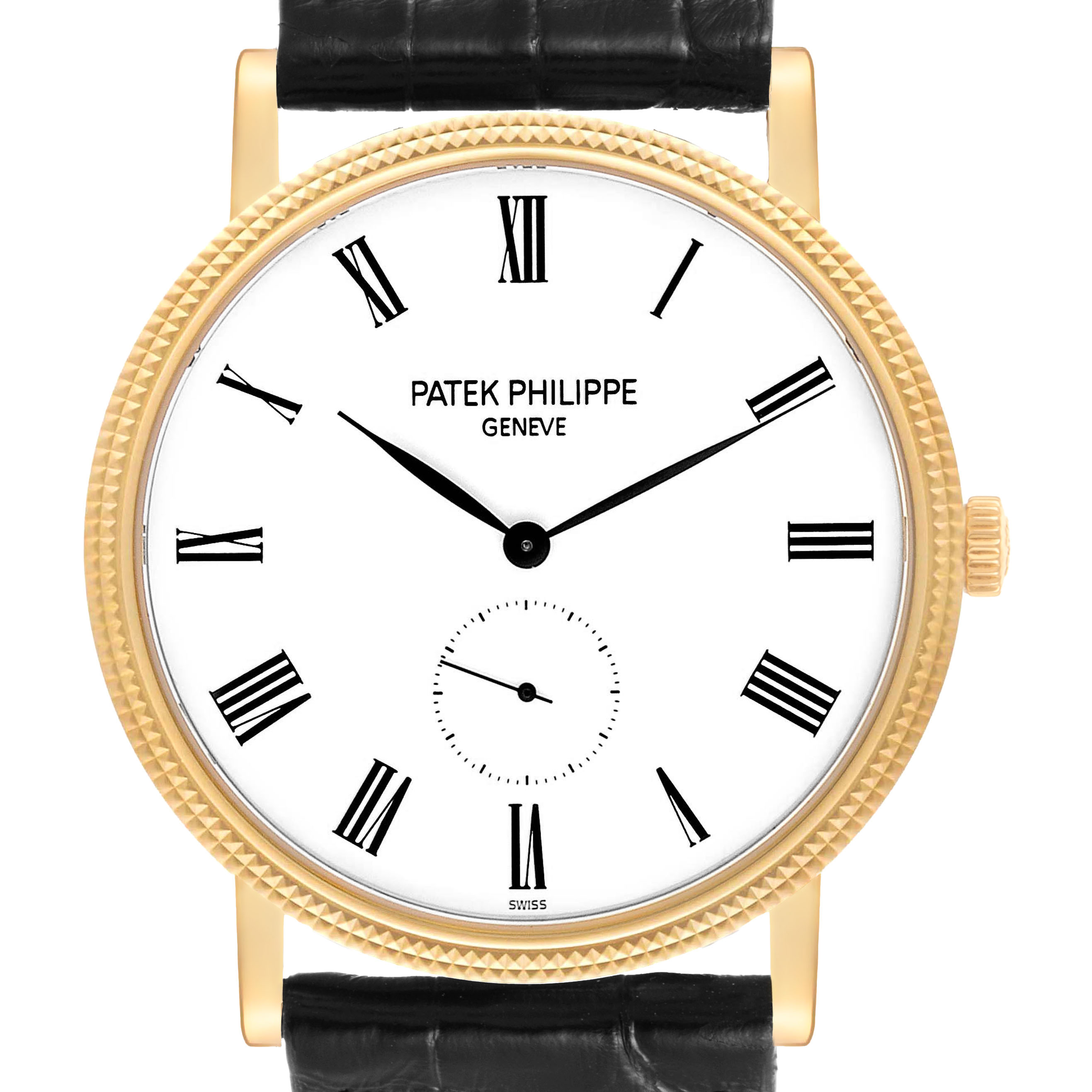 The image shows a frontal view of the Patek Philippe Calatrava 5119J-001 Men's Yellow Gold White Dial watch, highlighting its face, Roman numerals, and black leather strap.