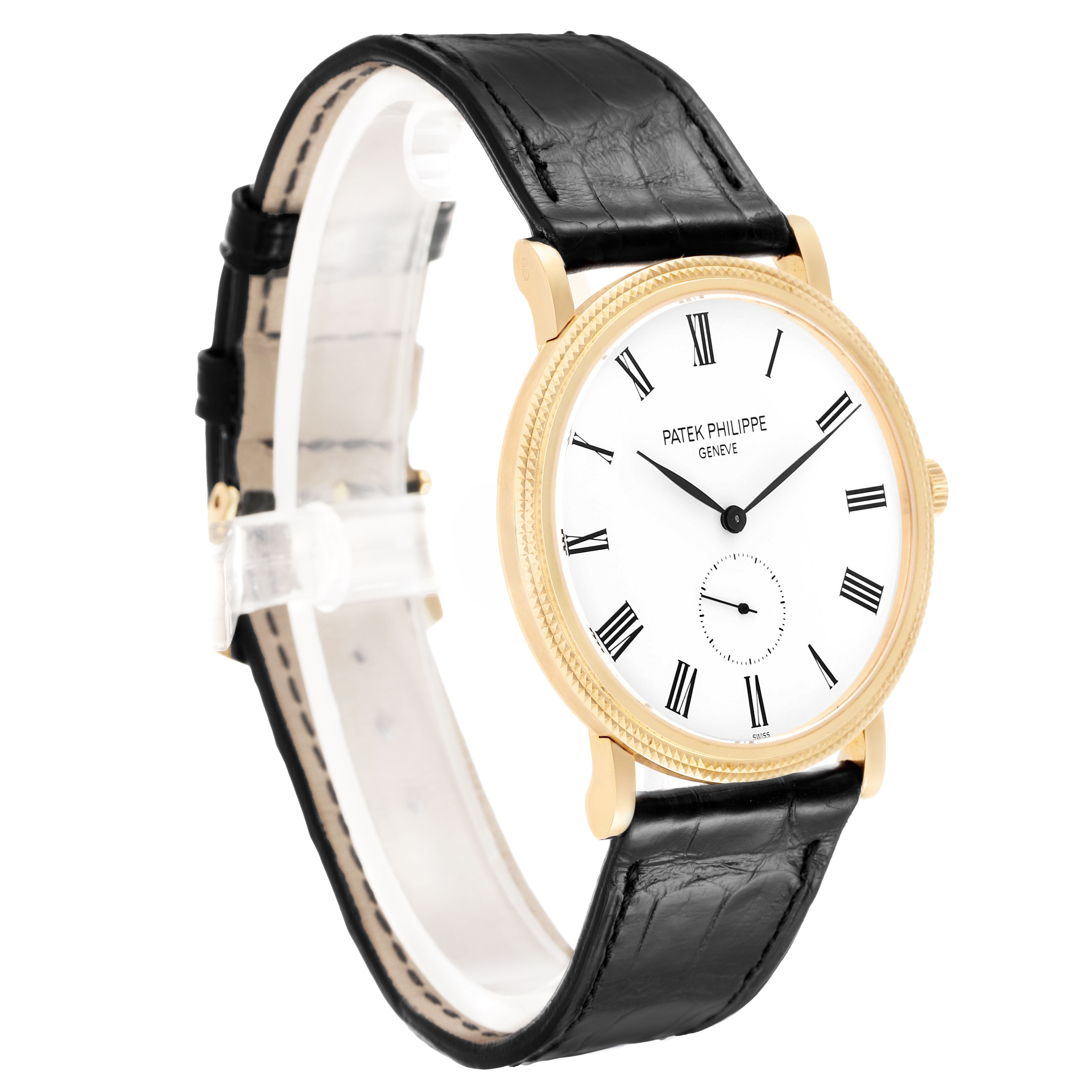 The Patek Philippe Calatrava 5119J-001 Men's Yellow Gold White Dial watch is shown in a three-quarter view, highlighting its gold case, white dial, and black leather strap.