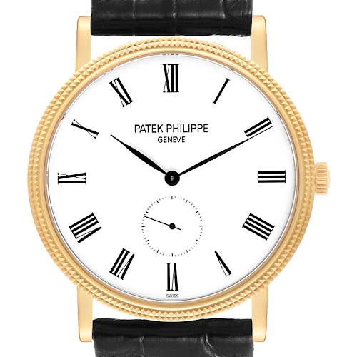 The Patek Philippe Calatrava 5119J-001 Men's Yellow Gold White Dial watch is shown from a front angle, displaying its dial, Roman numerals, hands, and a subtle sub-dial.